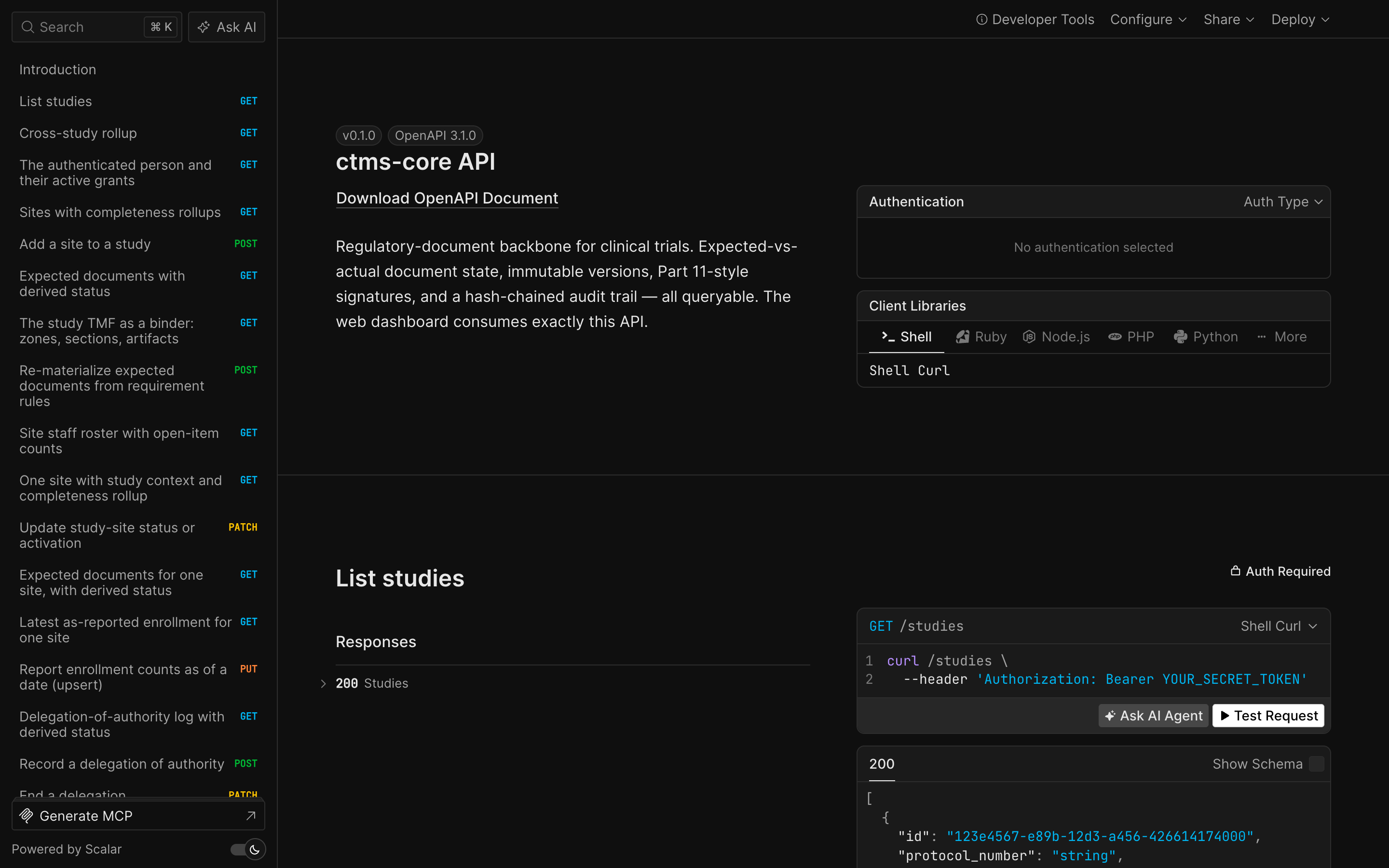 OpenAPI reference for the ctms-core API showing the endpoint list, authentication panel, and a curl example for listing studies