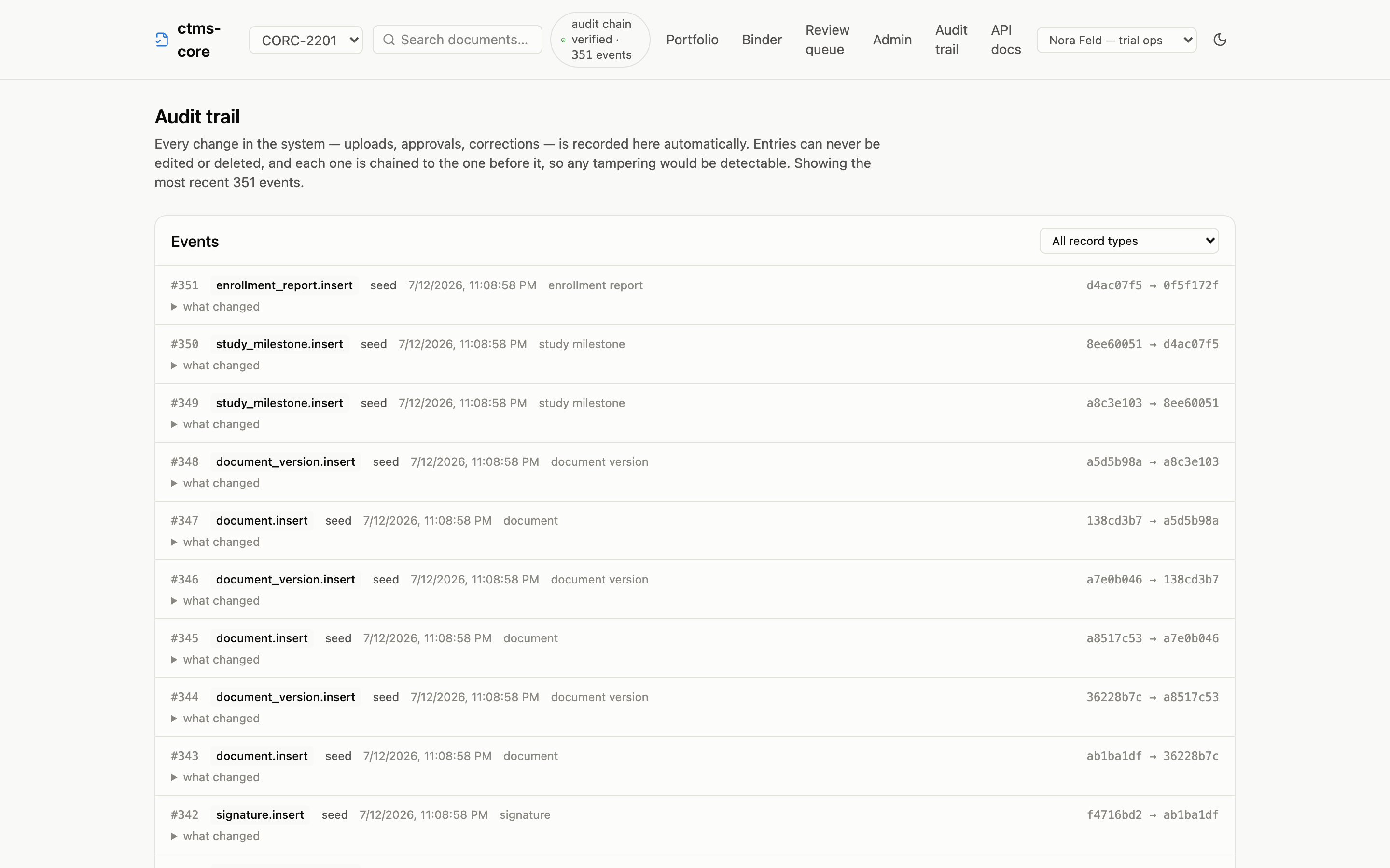 Audit trail page listing recent events with action badges, actor names, timestamps, and hash chain fragments, with a record type filter