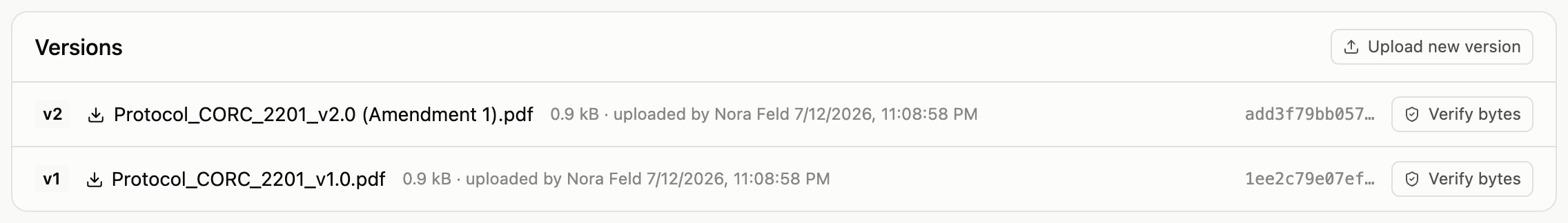 Document versions card showing version history with download links and an Upload new version button