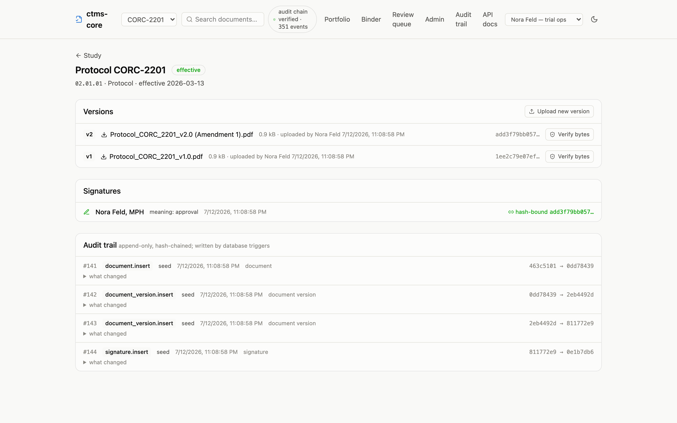 Protocol document page showing two immutable versions with sha256 hashes, an approval signature bound to a content hash, and audit trail events with hash chain links
