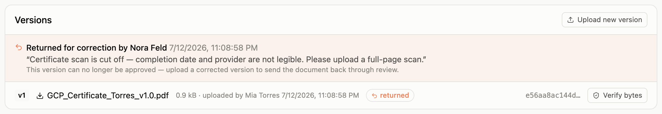 Document versions card showing a returned-for-correction banner with the reviewer's name, timestamp, and reason, above a version row marked returned