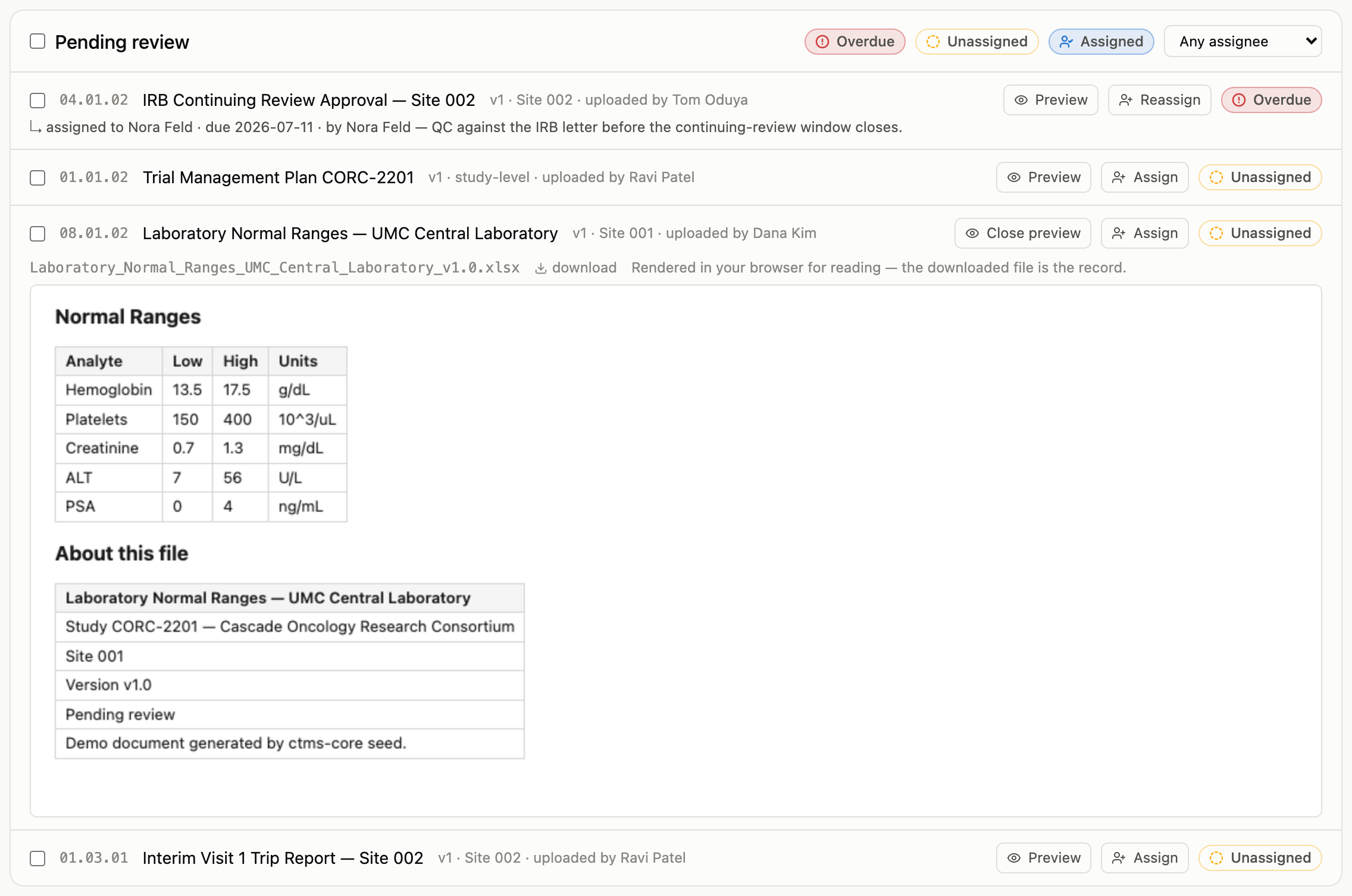 An Excel workbook awaiting review, rendered in the browser on the queue row