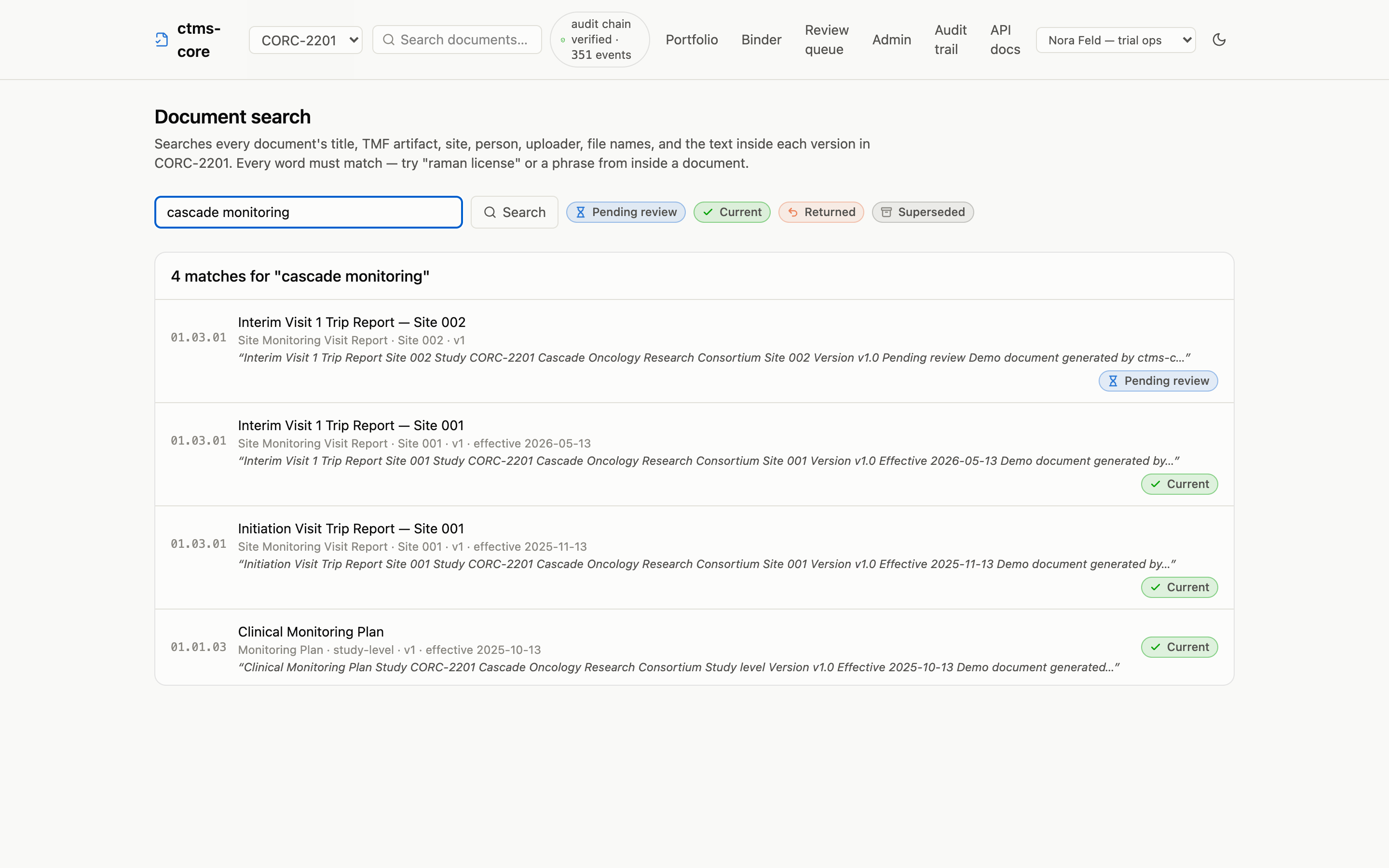 Document search page showing results for a two-word query, each with its TMF artifact, site, status chip, and an italic snippet of the matching text from inside the file