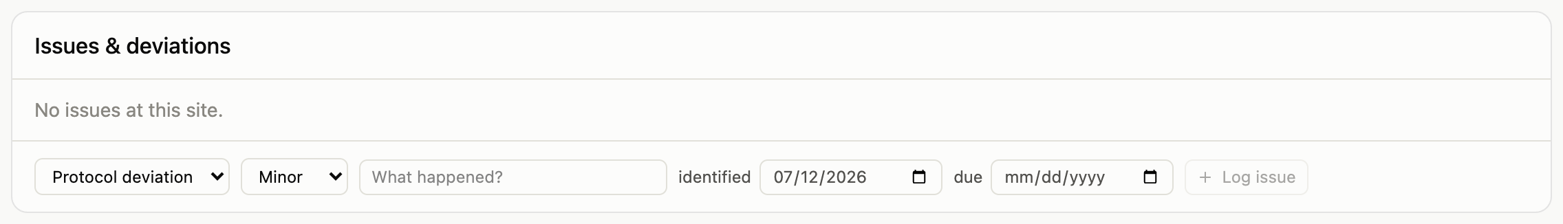 Issues and deviations card showing a form with category and severity selectors, a title field, identified and due dates, and a Log issue button