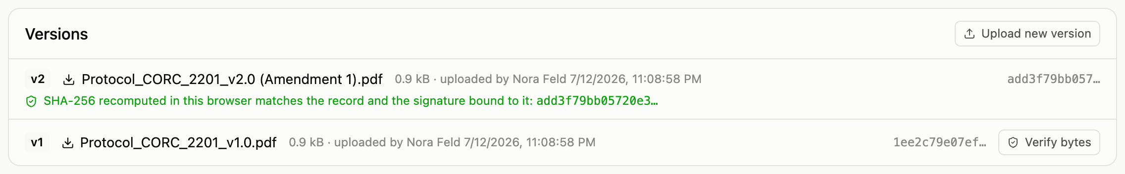 Document page version row after clicking Verify bytes, showing that the SHA-256 recomputed in the browser matches the recorded content hash and the signature bound to it