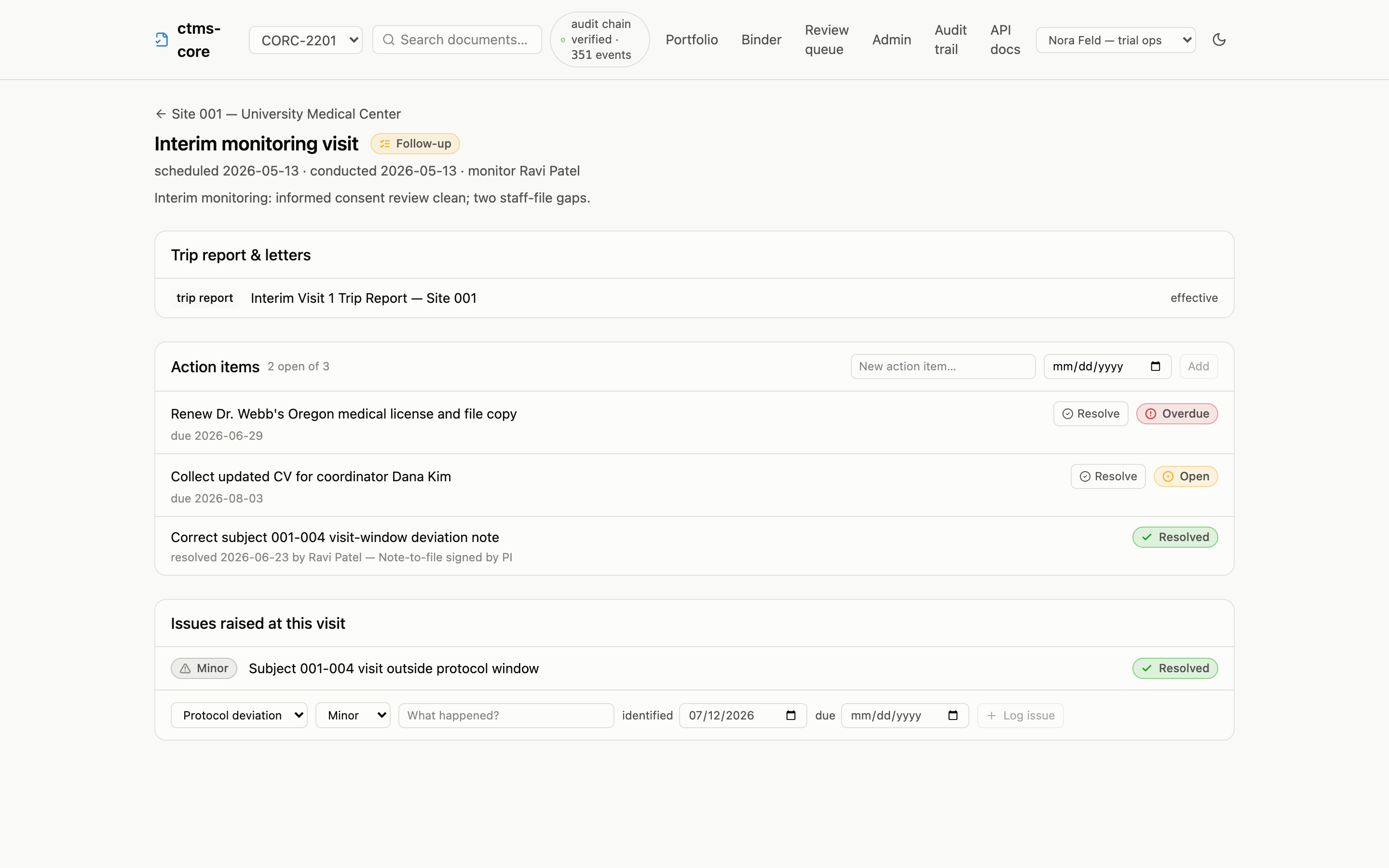Interim monitoring visit page showing a follow-up stage badge, an effective trip report, three action items in different states, and an issue raised at the visit