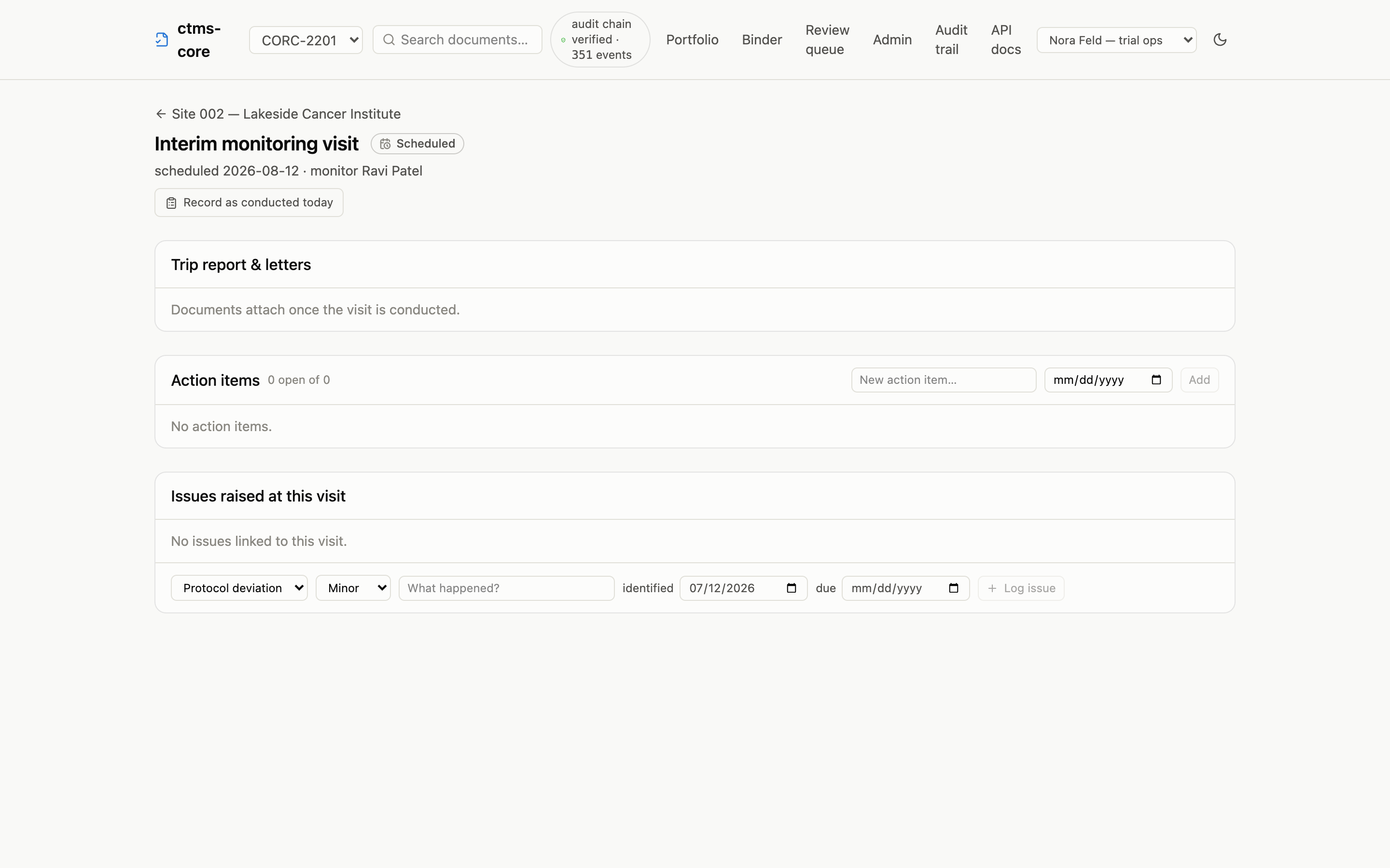 Monitoring visit page in the scheduled stage showing the scheduled date and empty trip report and action item sections
