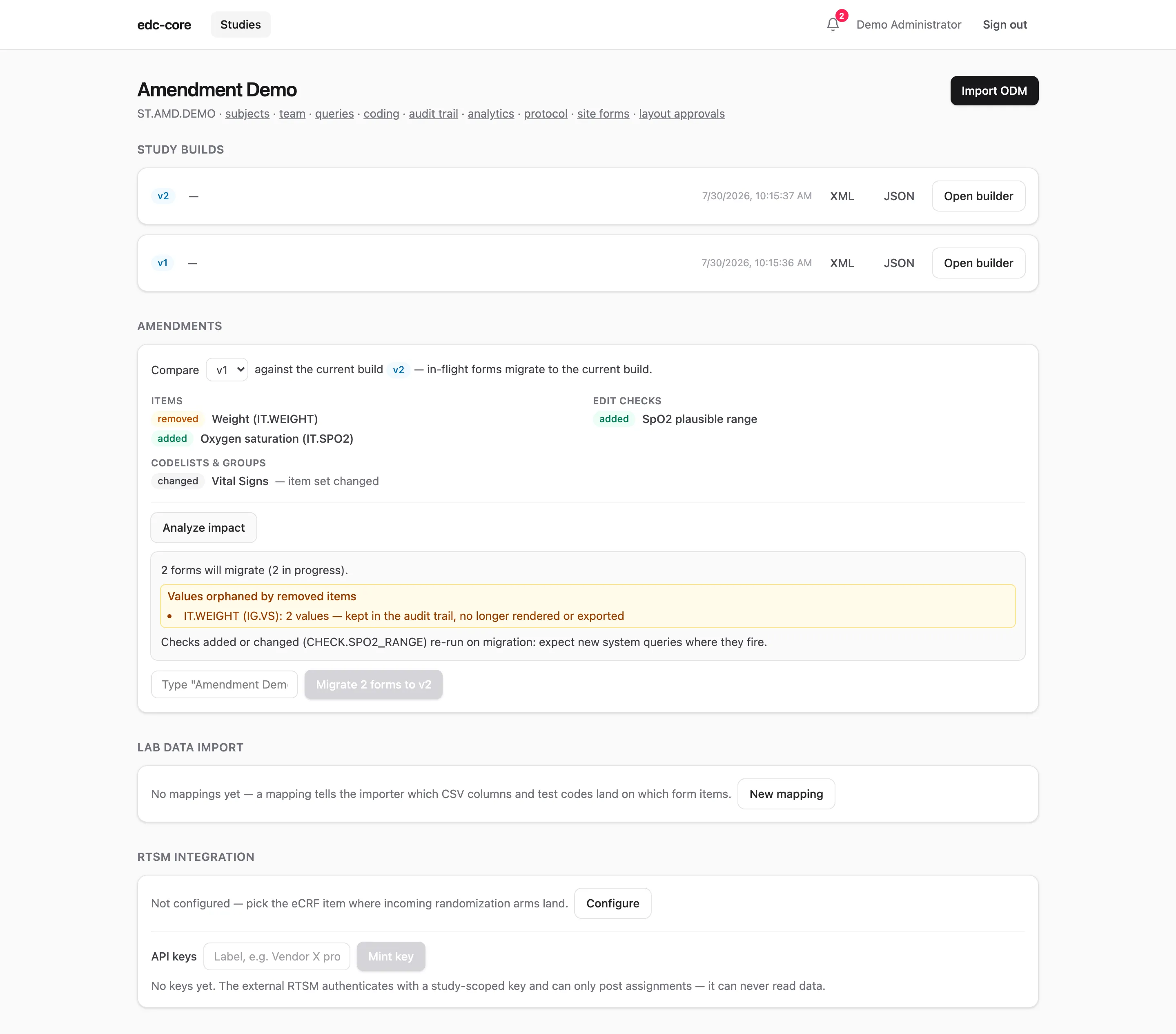 The impact report: two forms will migrate, entered weight values become orphaned, and the new SpO2 check will re-run