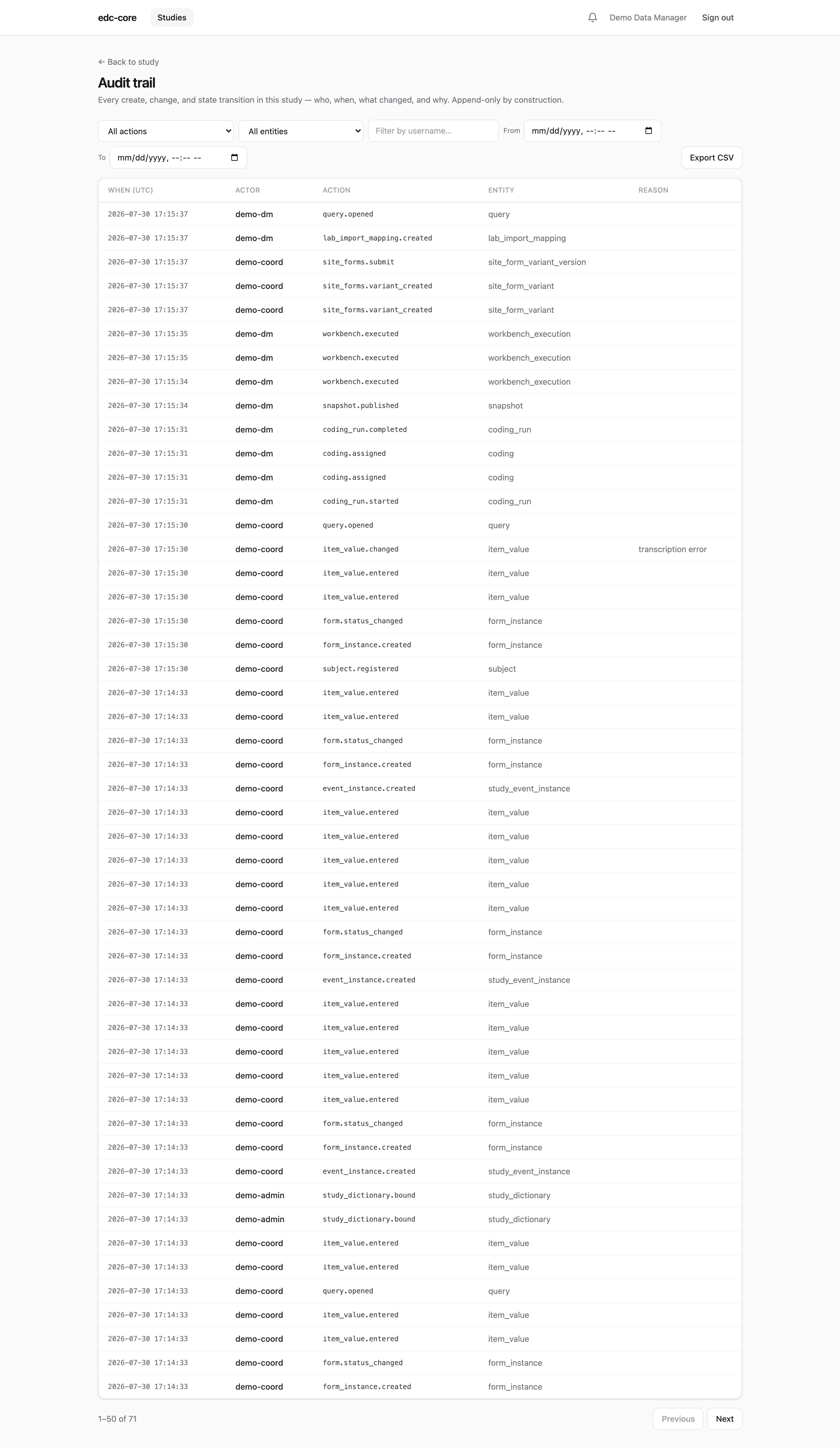 Audit trail review UI with filters
