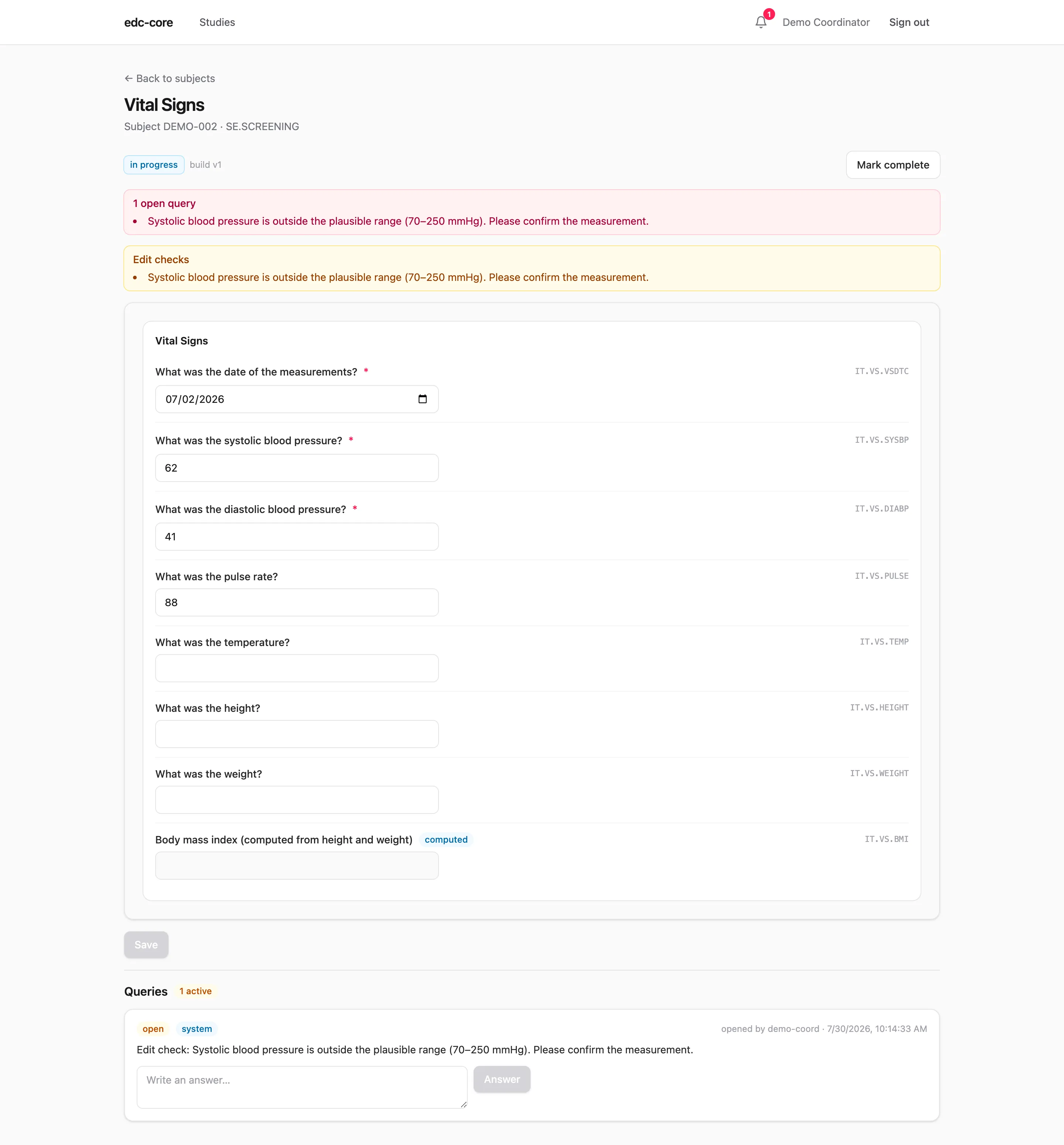 Metadata-driven CRF with edit checks and query panel
