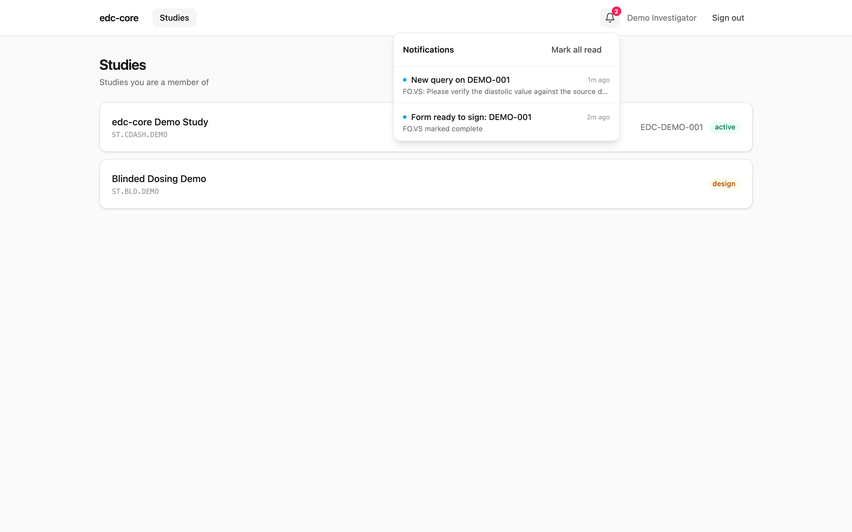 The notification inbox open from the header bell, showing a new-query notification with a deep link to the affected form
