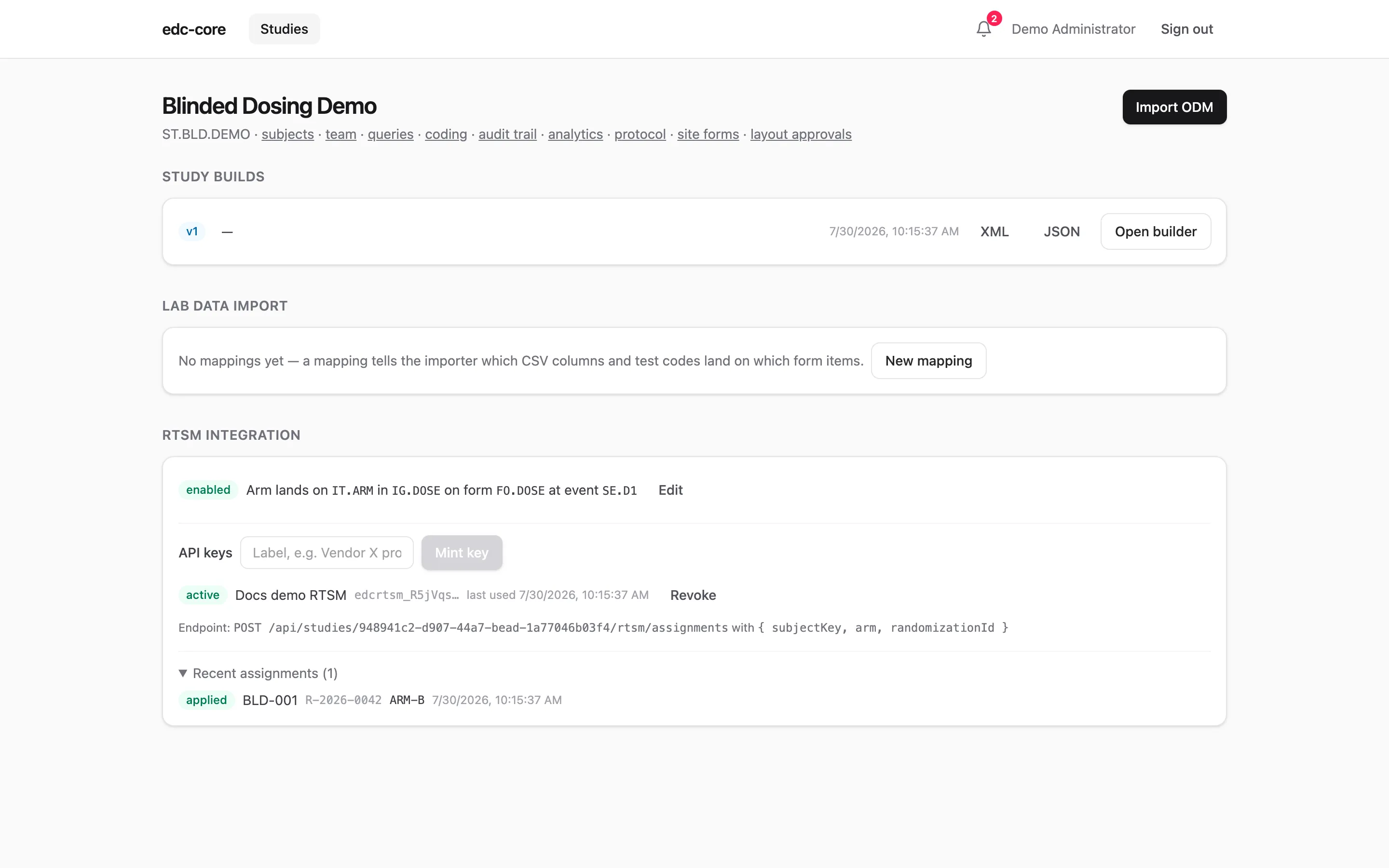 The RTSM integration panel: intake configuration pointing at the arm item, API-key management, and the transfer log with an applied assignment