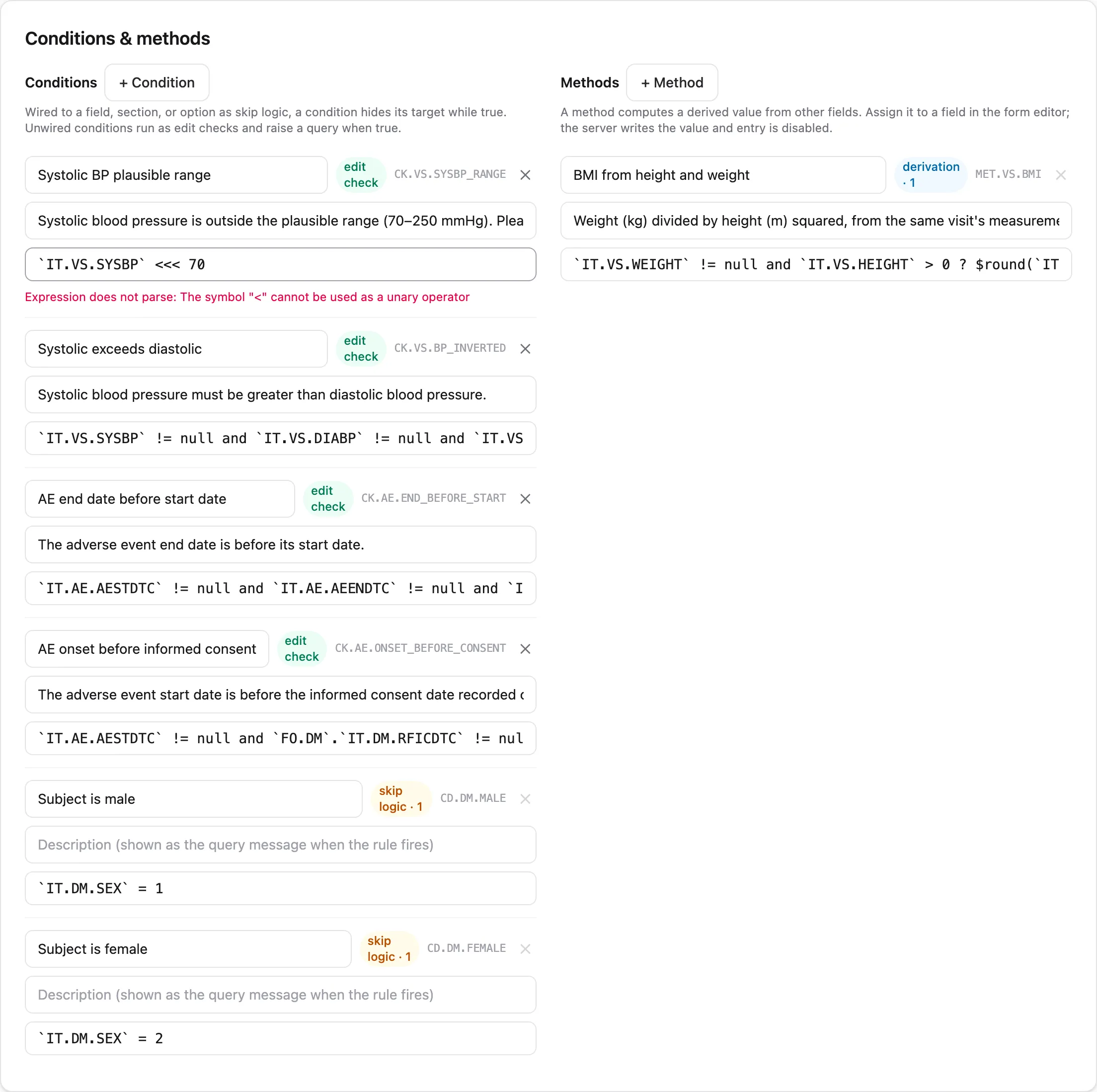 Editing a condition expression in the builder, with the live syntax checker reporting that the expression does not parse