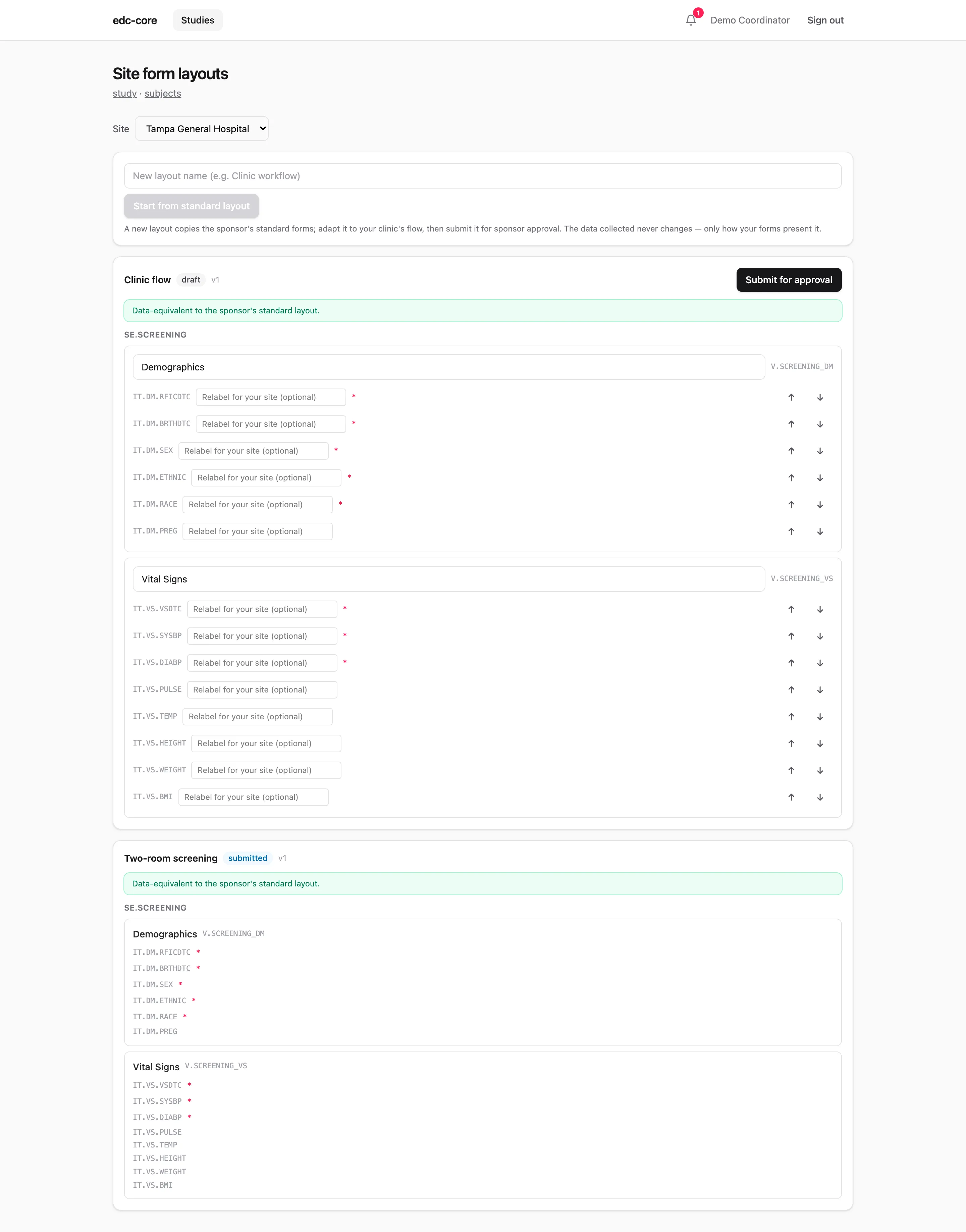 The site form layout editor with a draft layout open and the live data-equivalence panel confirming the layout still collects the sponsor's fields