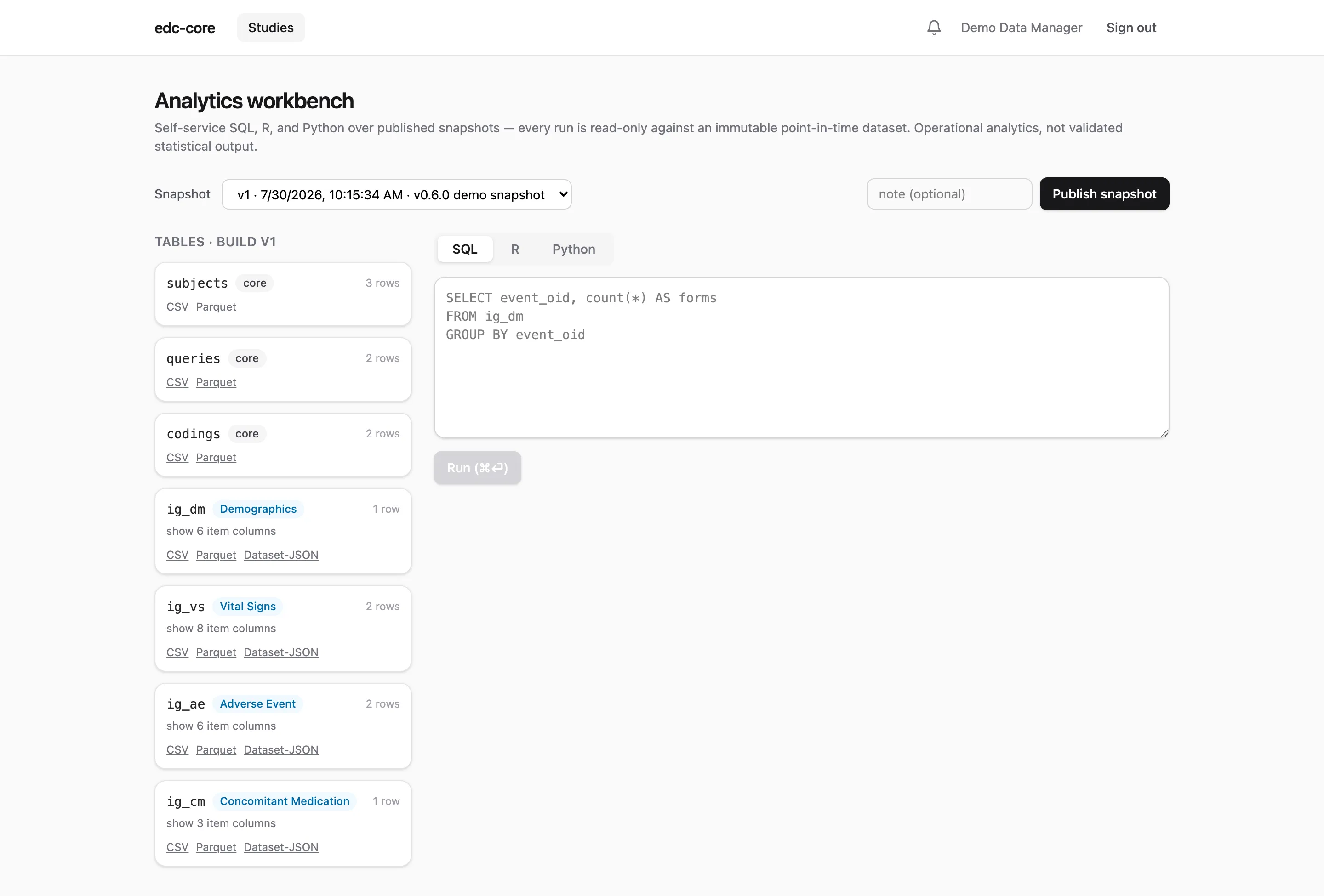 Workbench table cards with per-table CSV, Parquet, and Dataset-JSON export links against a pinned snapshot