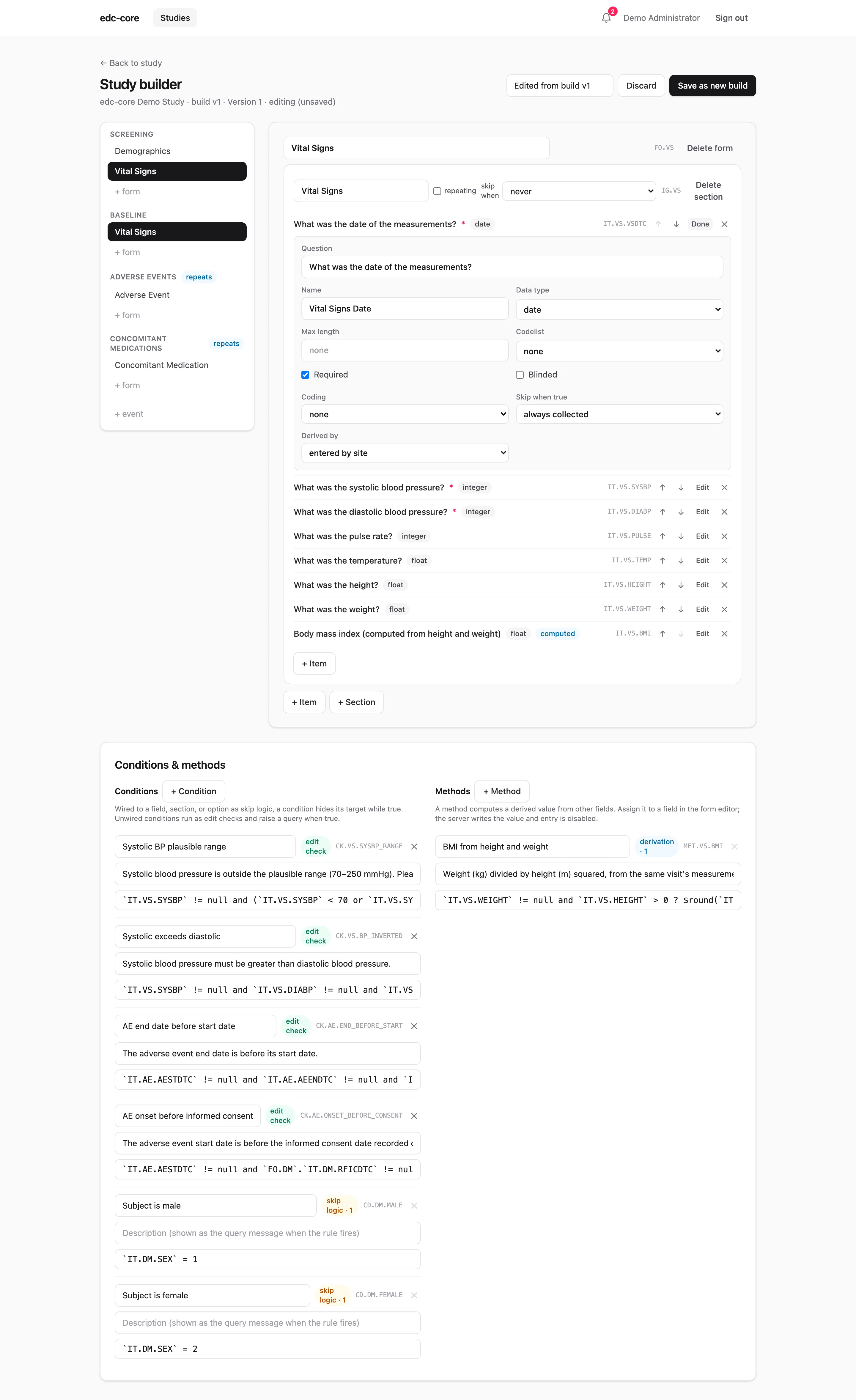 Study builder in edit mode with an expanded item editor