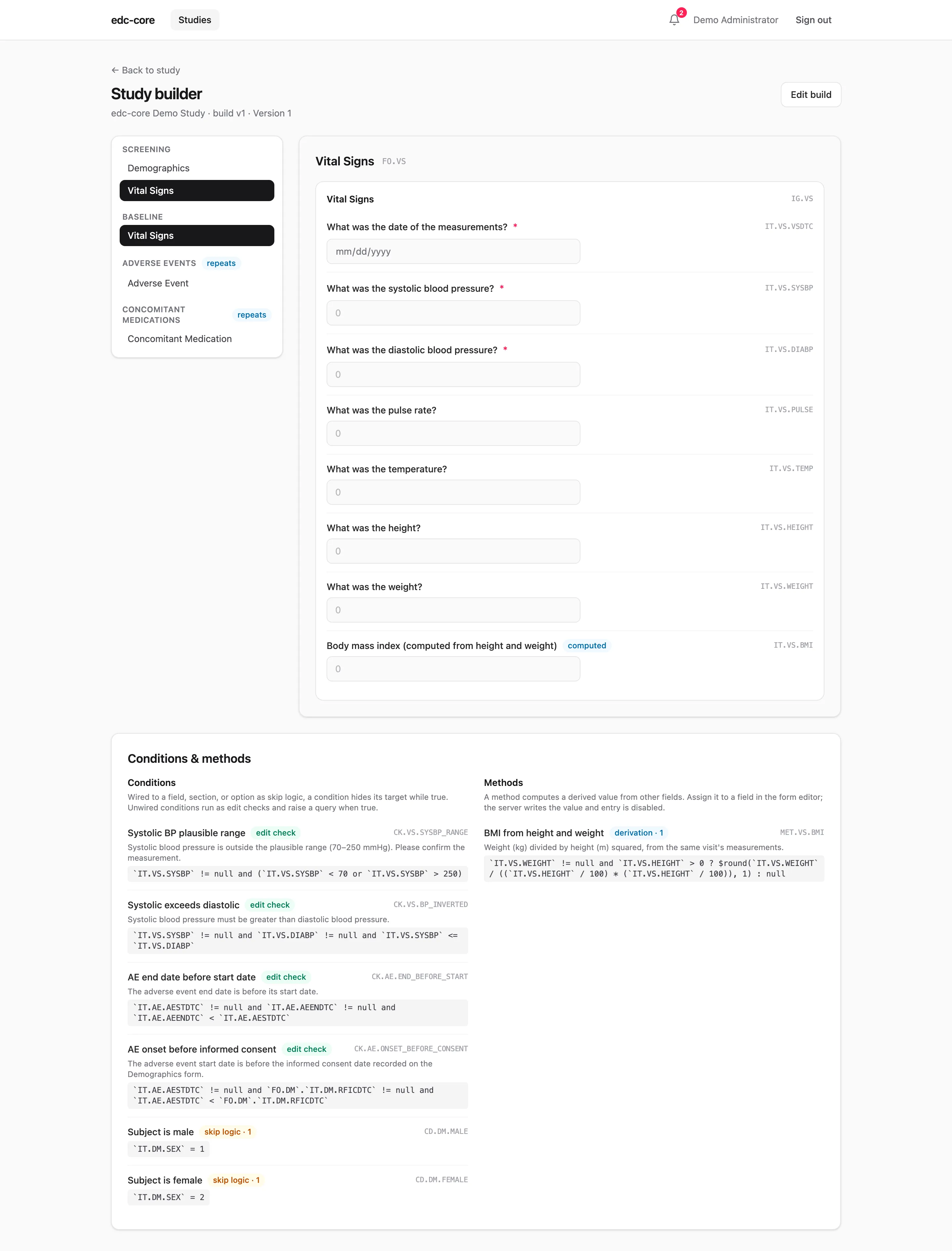 Study builder with event/form tree and live form preview