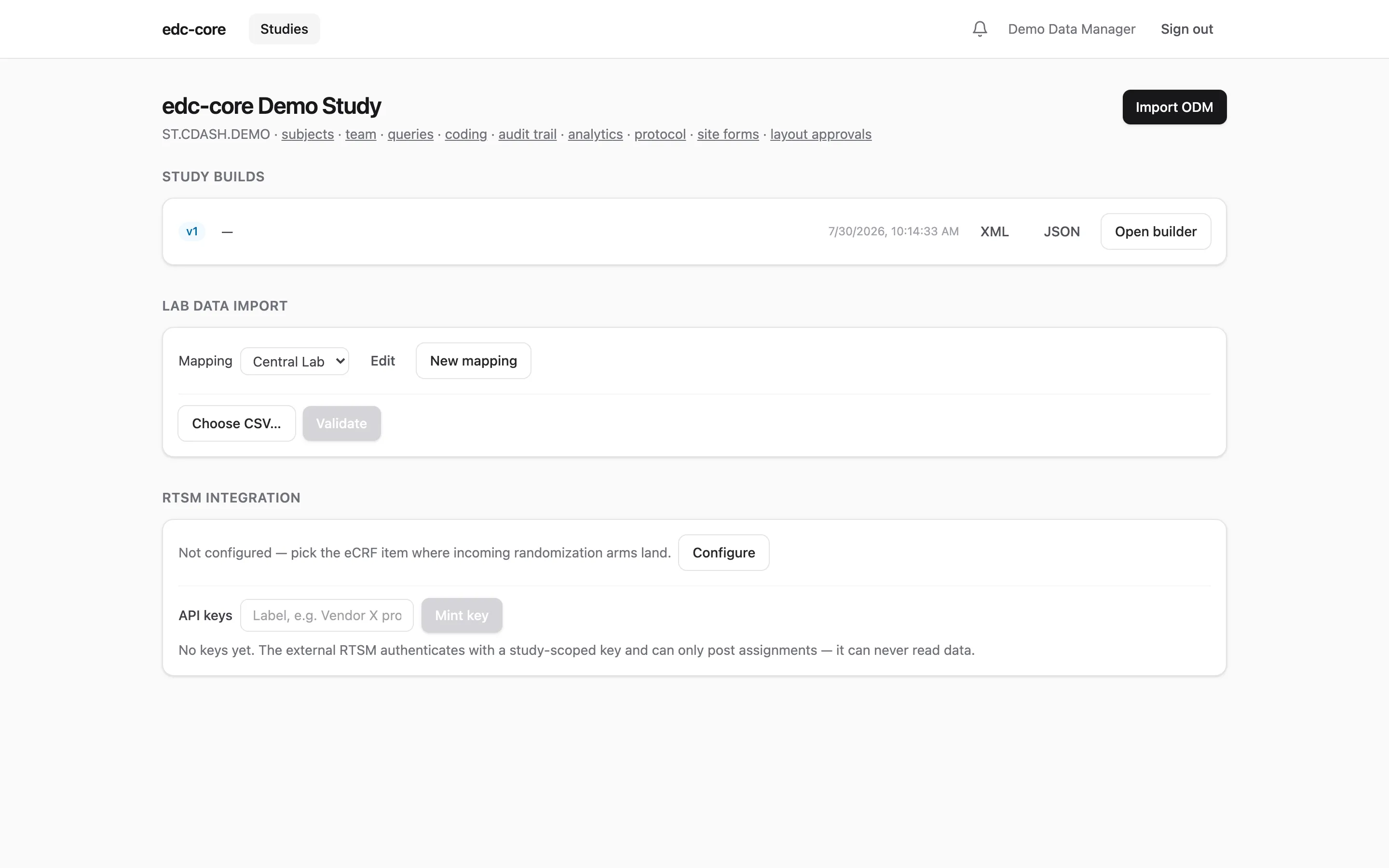 The study page lists every build; each exports back to ODM XML or
JSON.