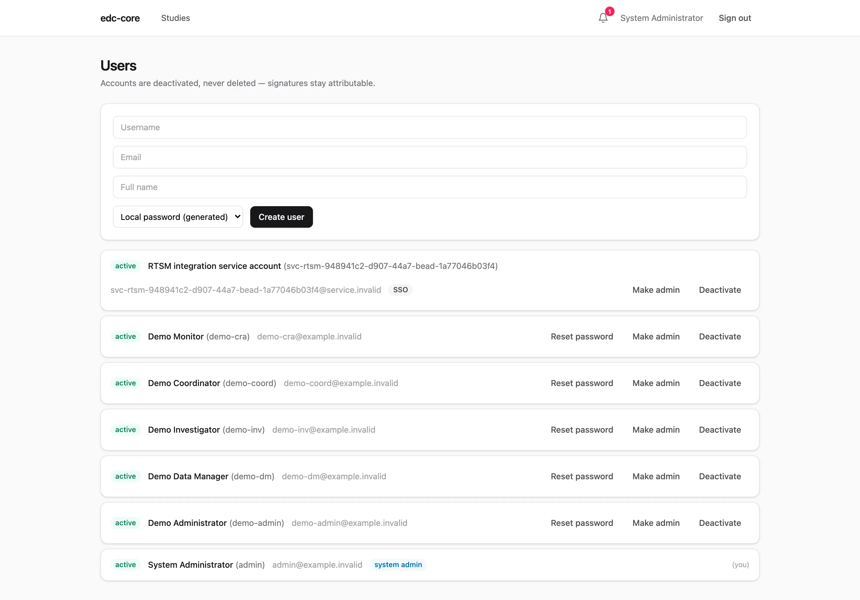 Users administration page with account creation and lifecycle actions