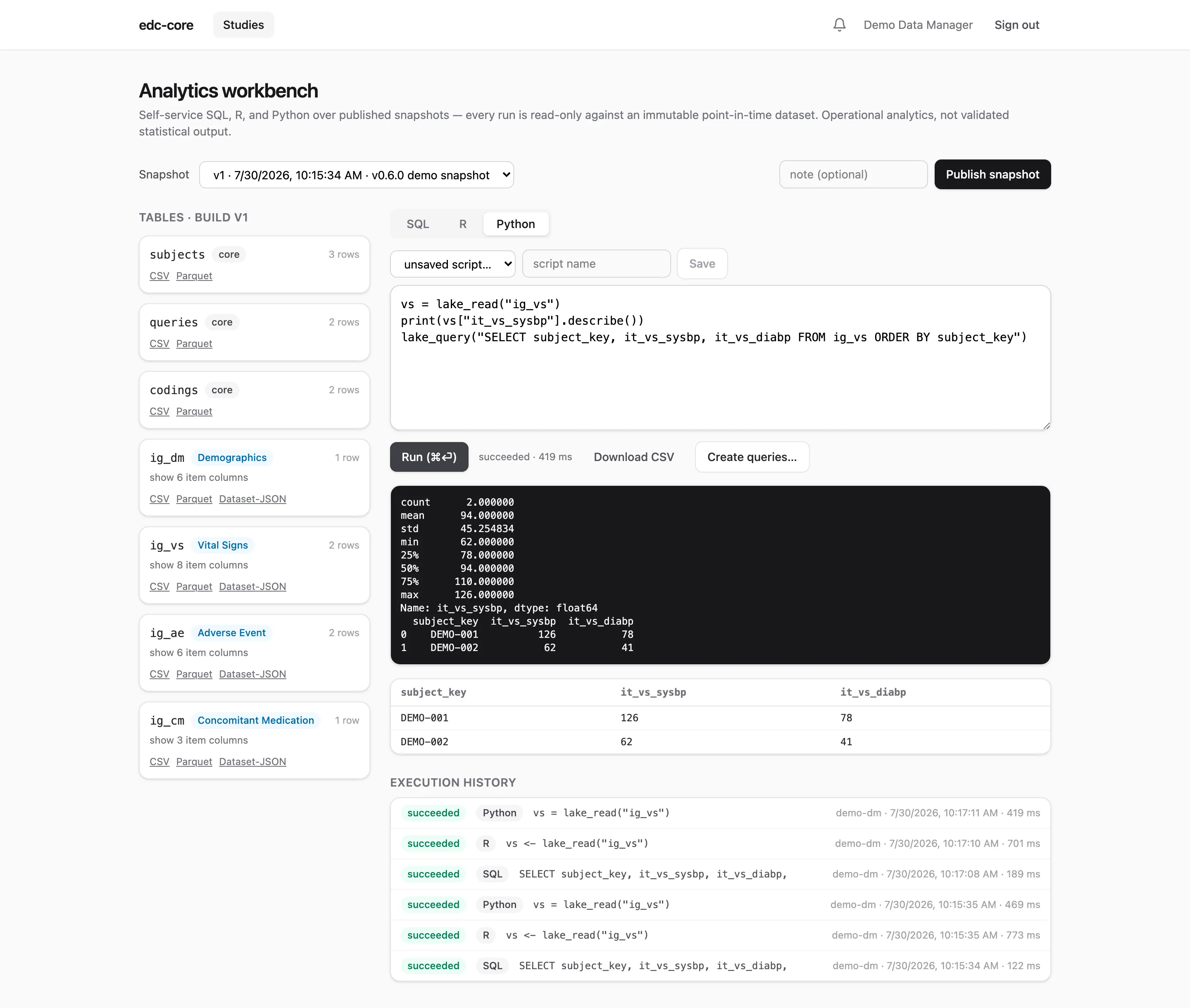 Python workbench with a pandas result grid