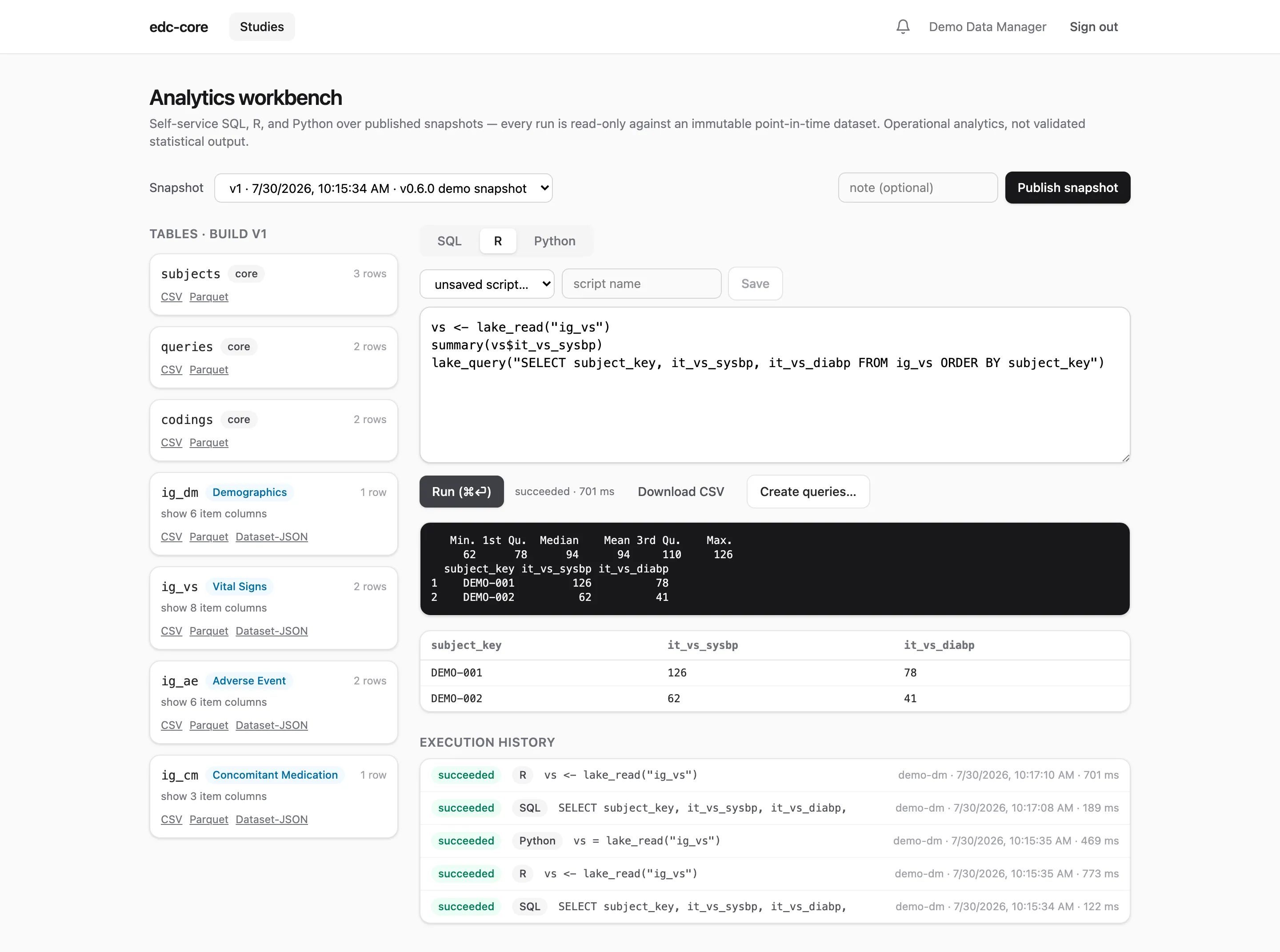 R workbench with execution history