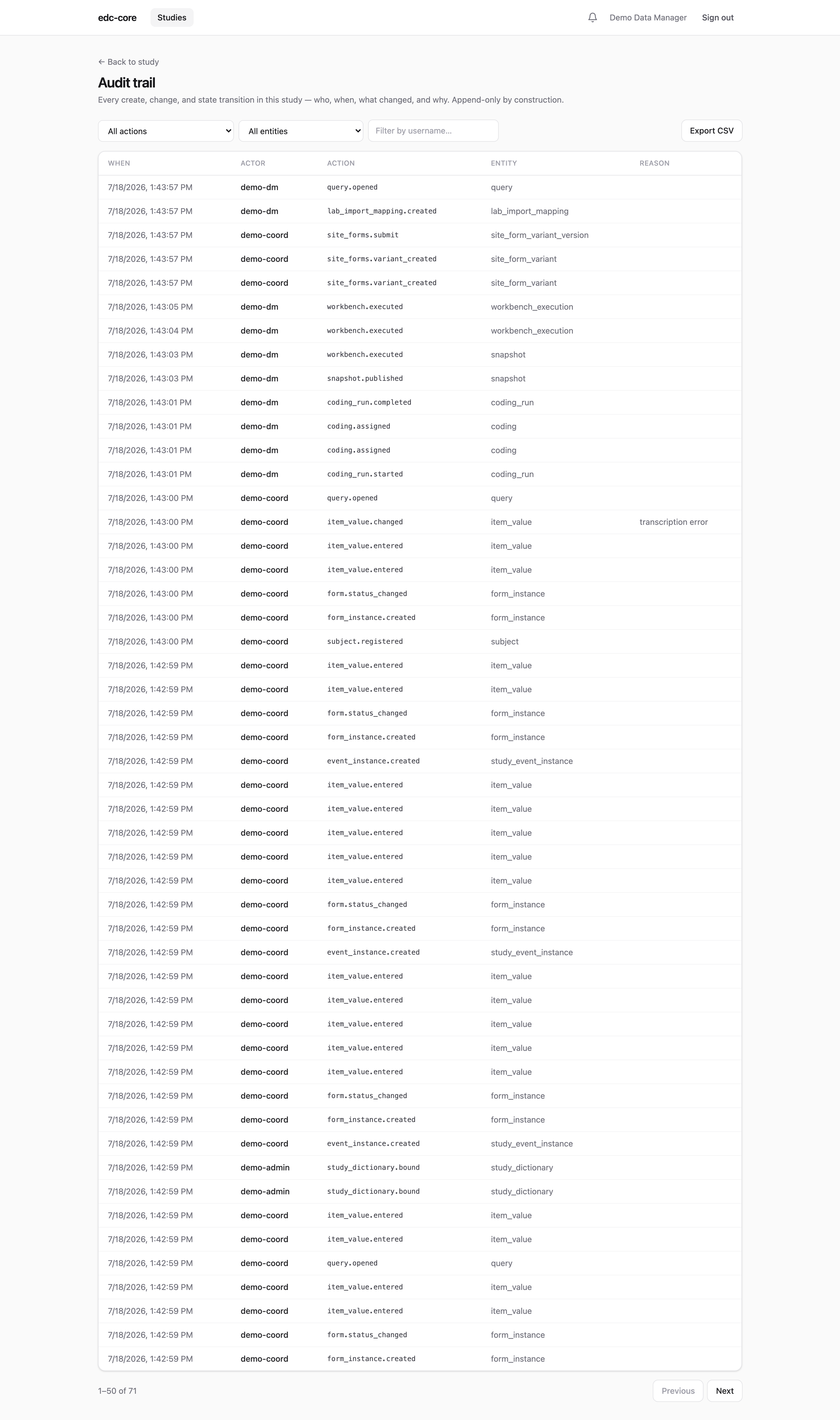Audit trail review UI with filters