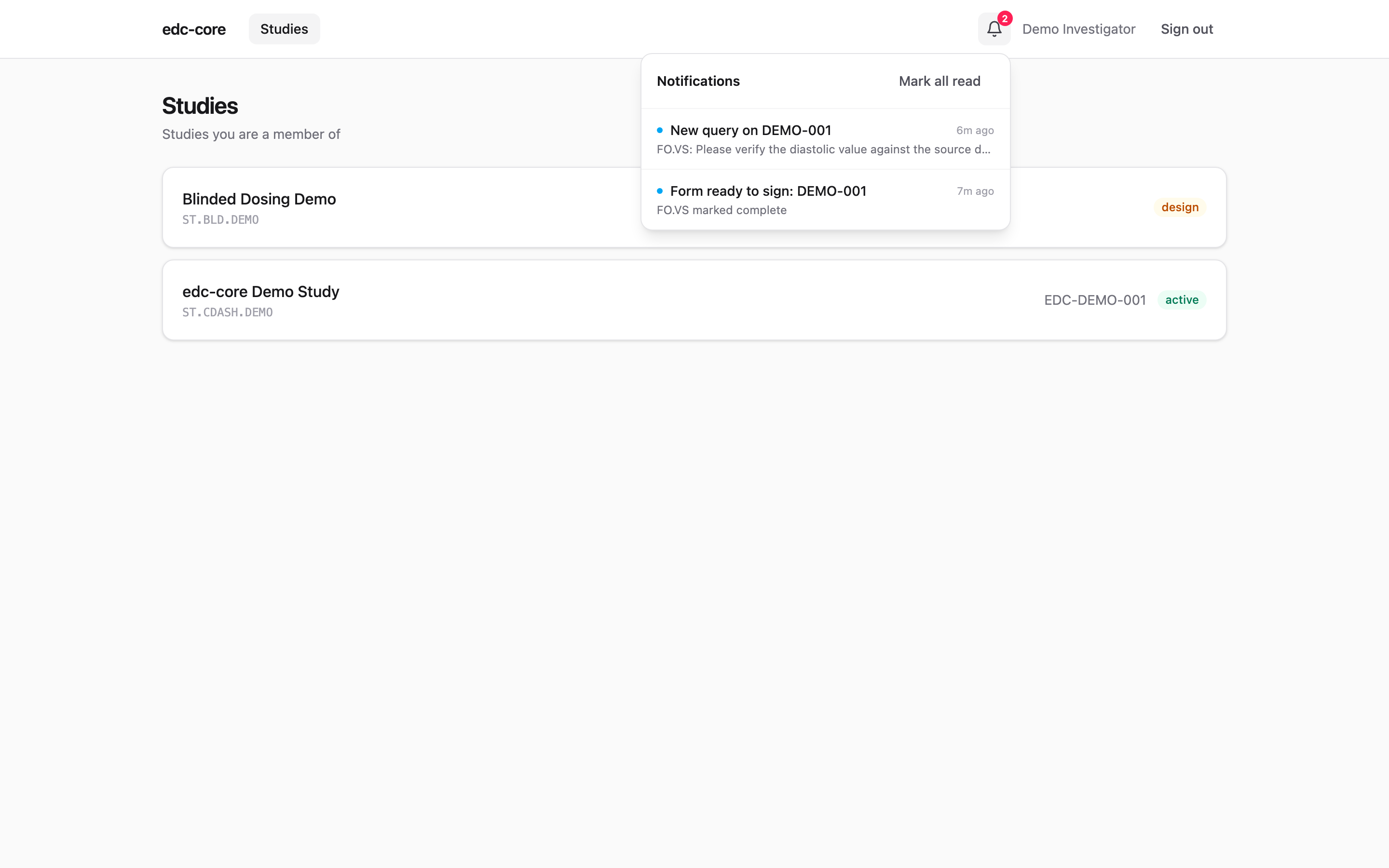 The notification inbox open from the header bell, showing a new-query notification with a deep link to the affected form