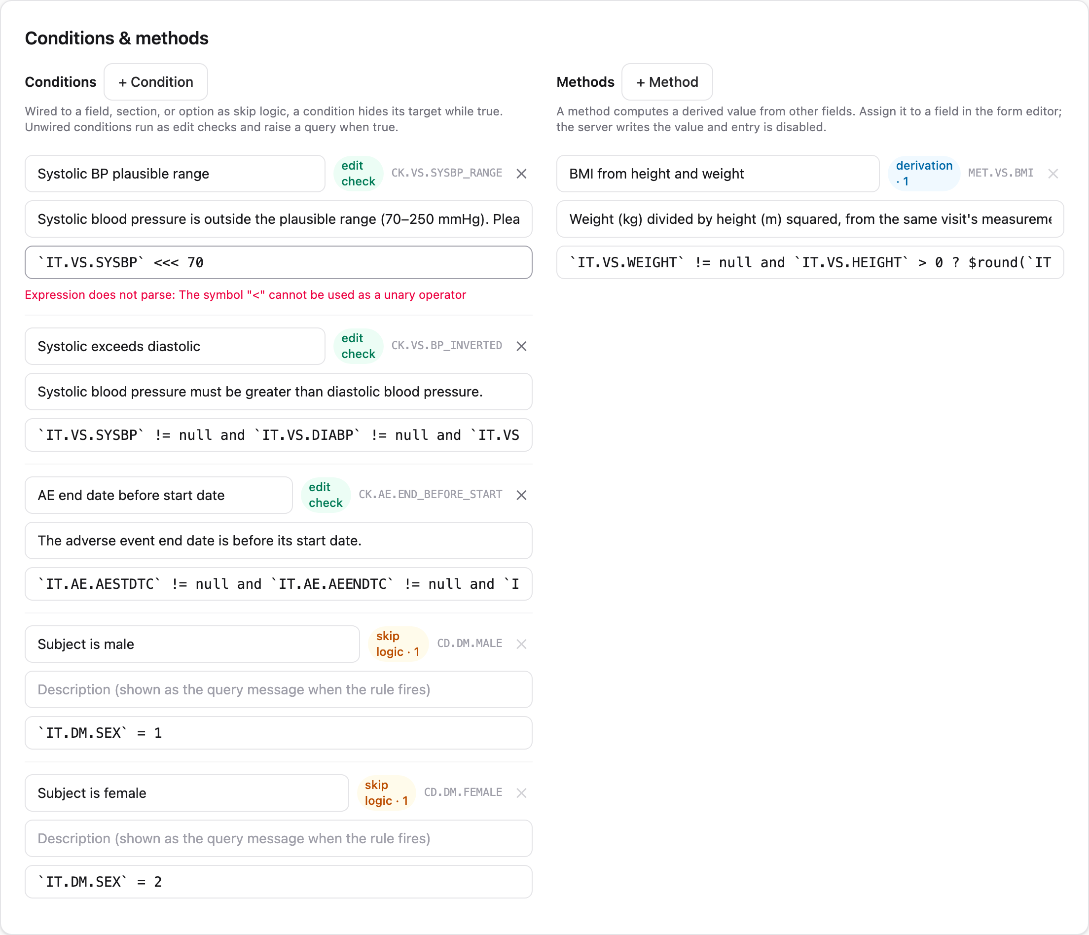 Editing a condition expression in the builder, with the live syntax checker reporting that the expression does not parse