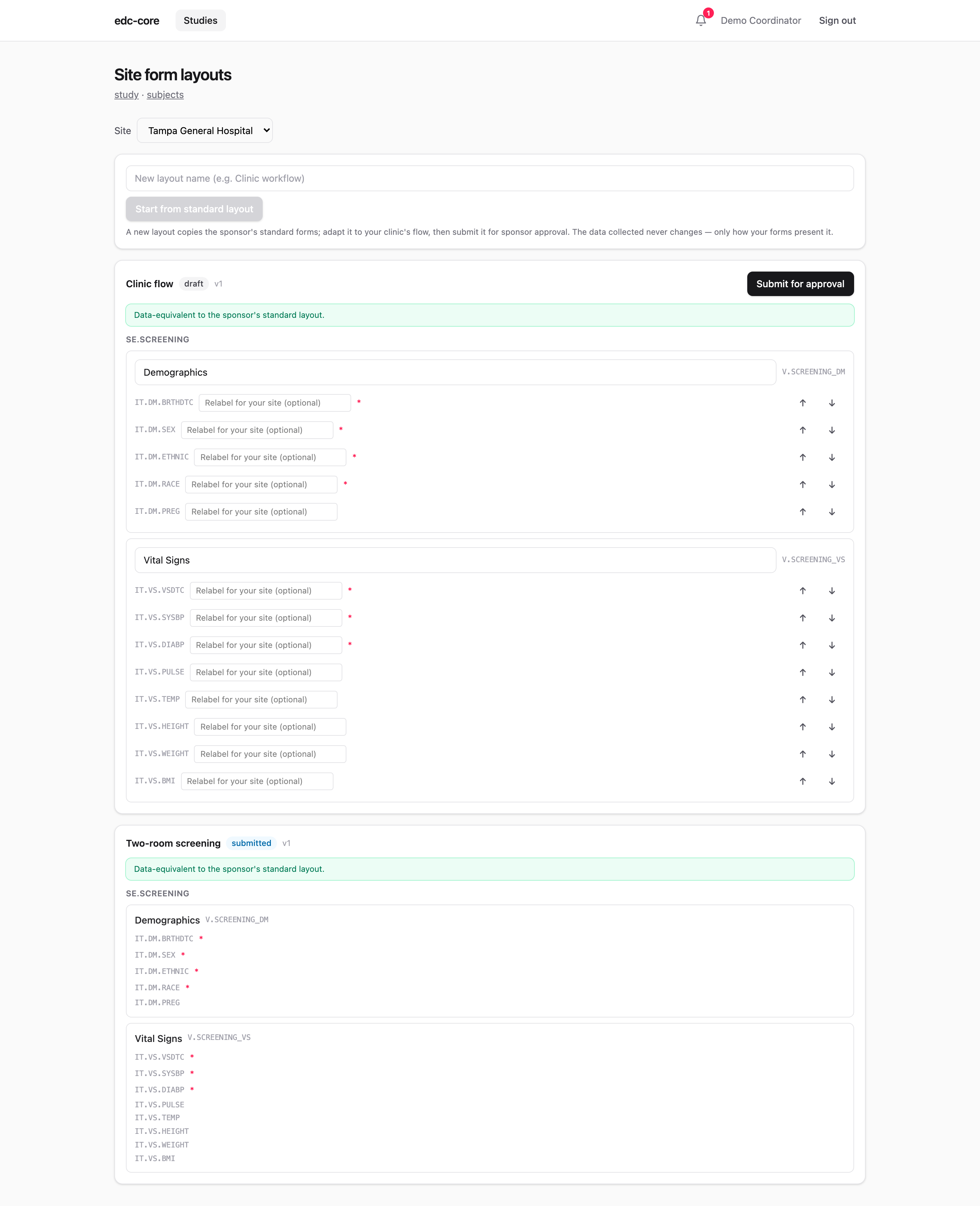 The site form layout editor with a draft layout open and the live data-equivalence panel confirming the layout still collects the sponsor's fields