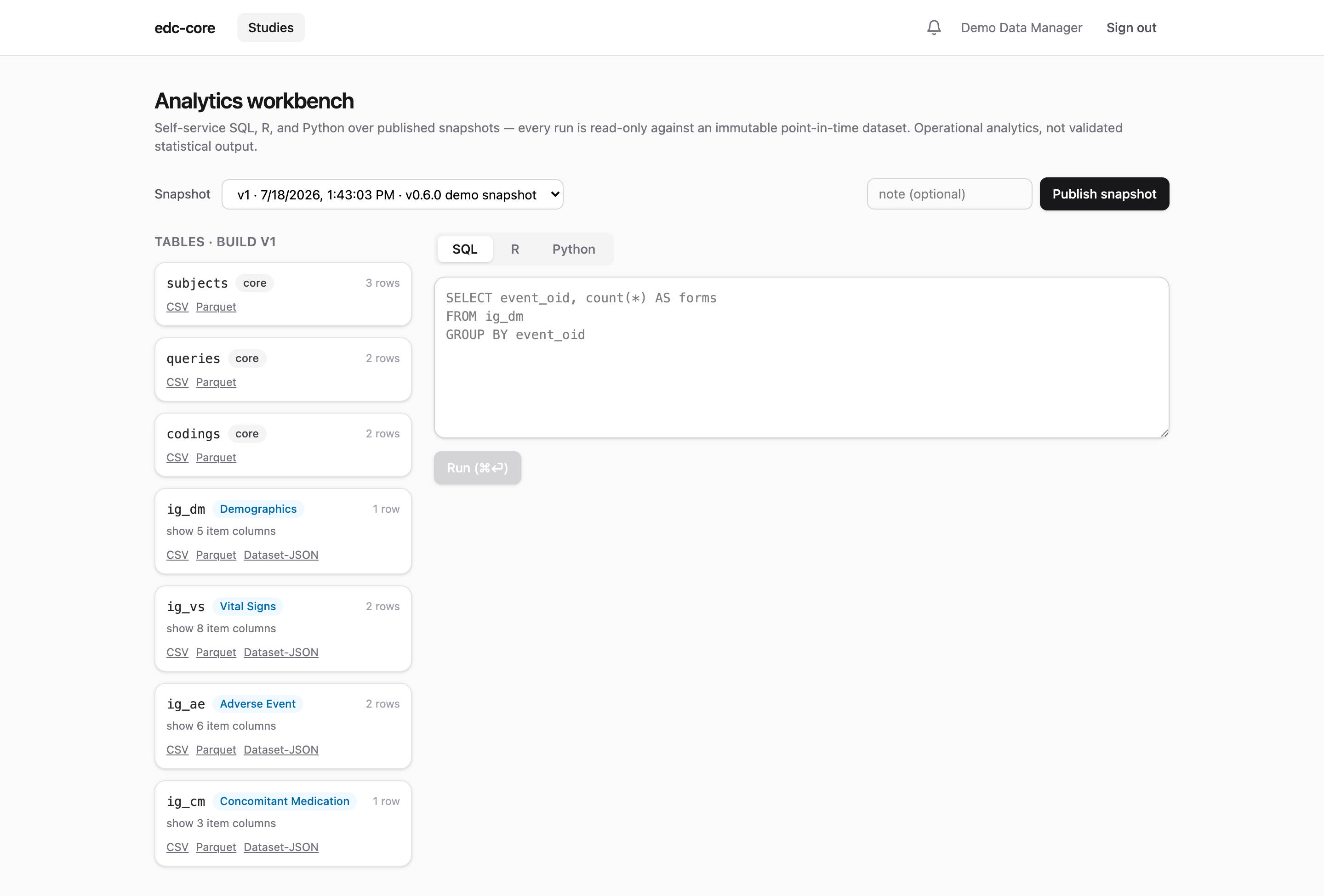 Workbench table cards with per-table CSV, Parquet, and Dataset-JSON export links against a pinned snapshot