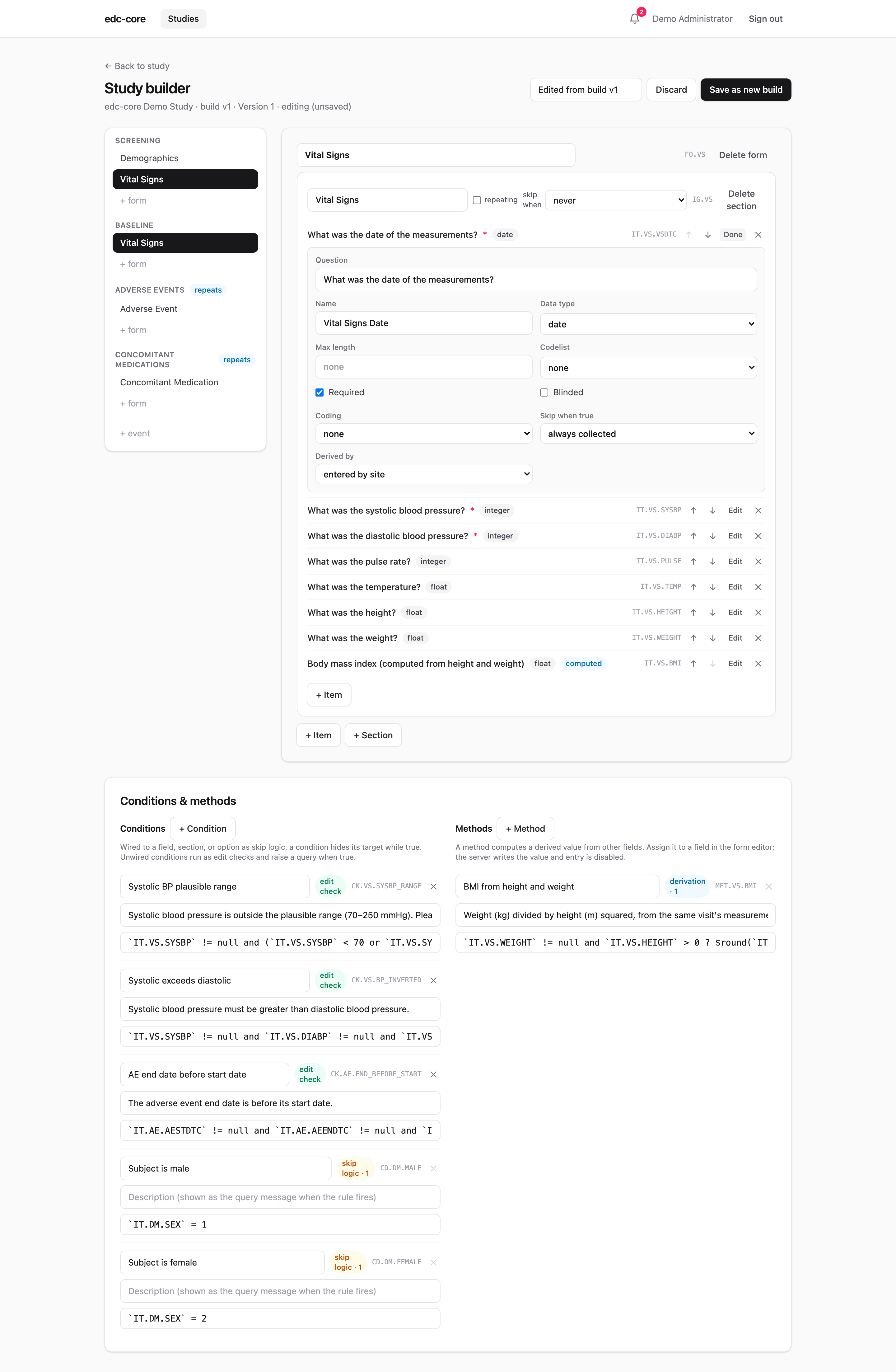 Study builder in edit mode with an expanded item editor