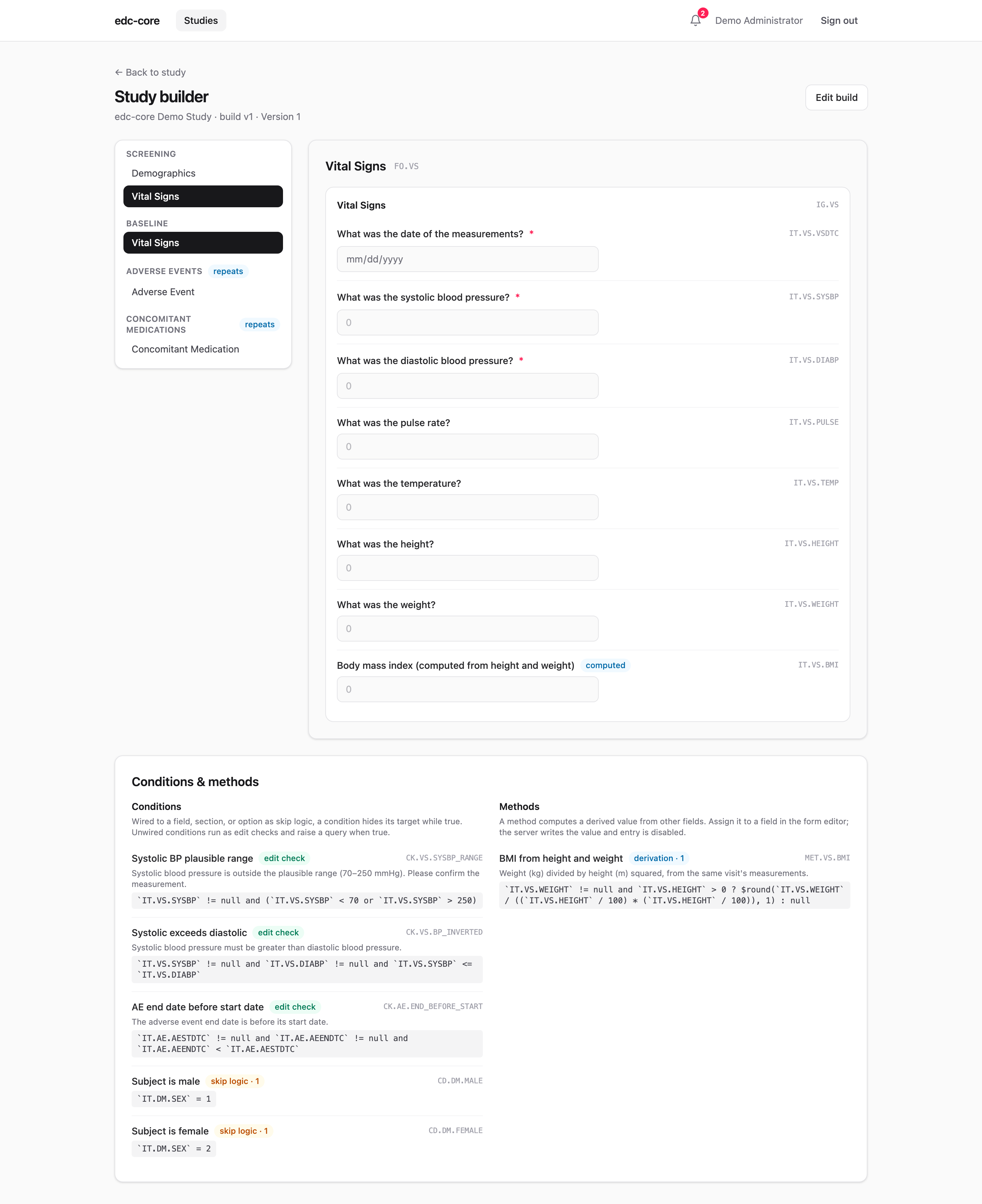 Study builder with event/form tree and live form preview