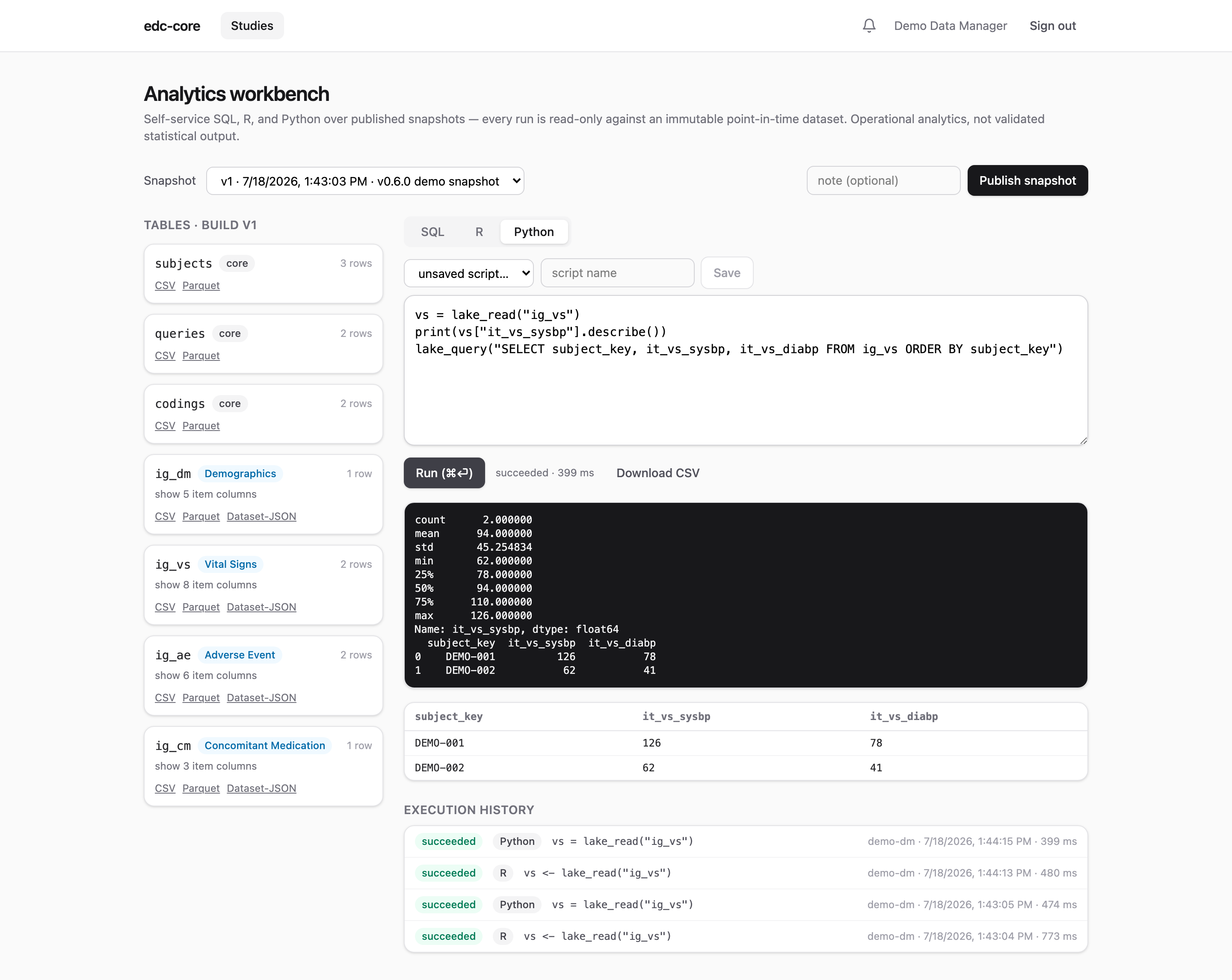 Python workbench with a pandas result grid