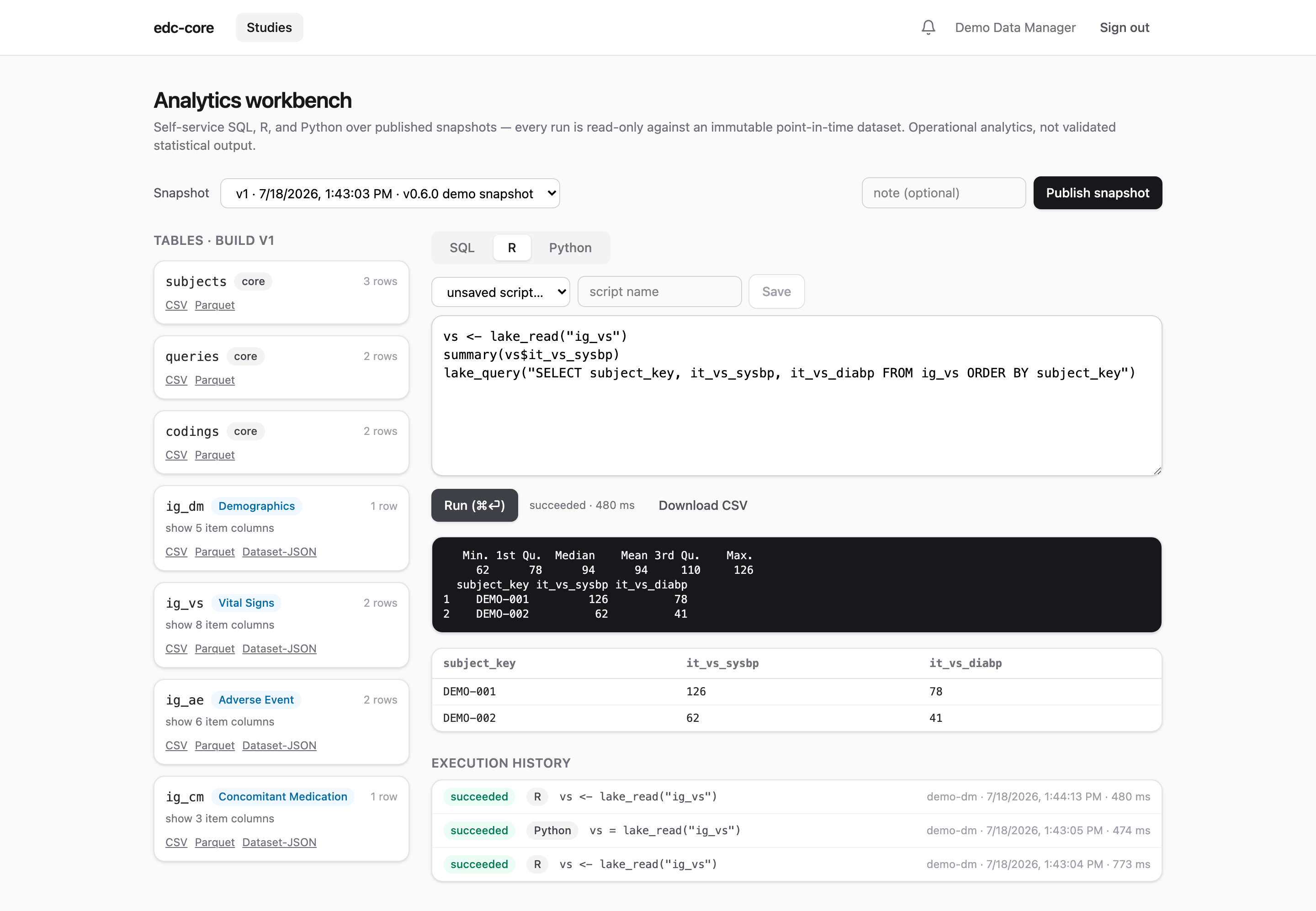 R workbench with console output and execution history