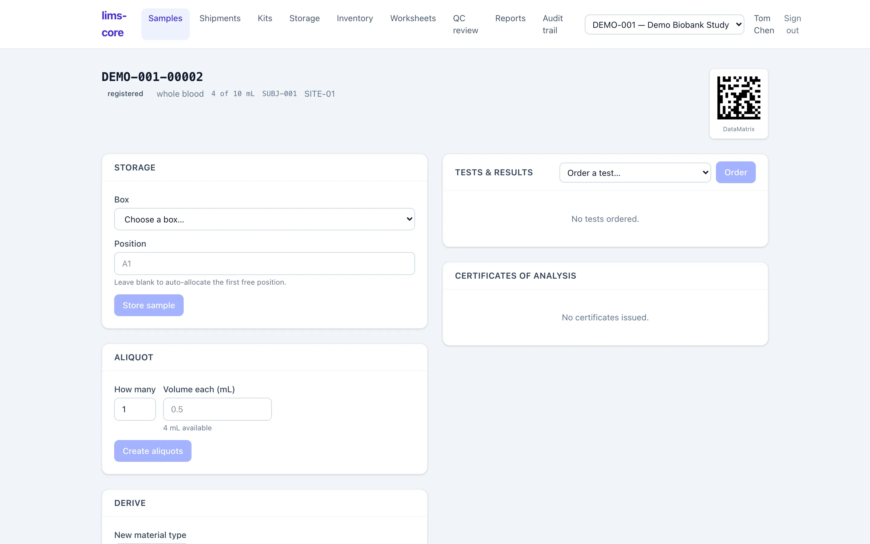 The biobank actions on a sample record: store, aliquot, and derive.