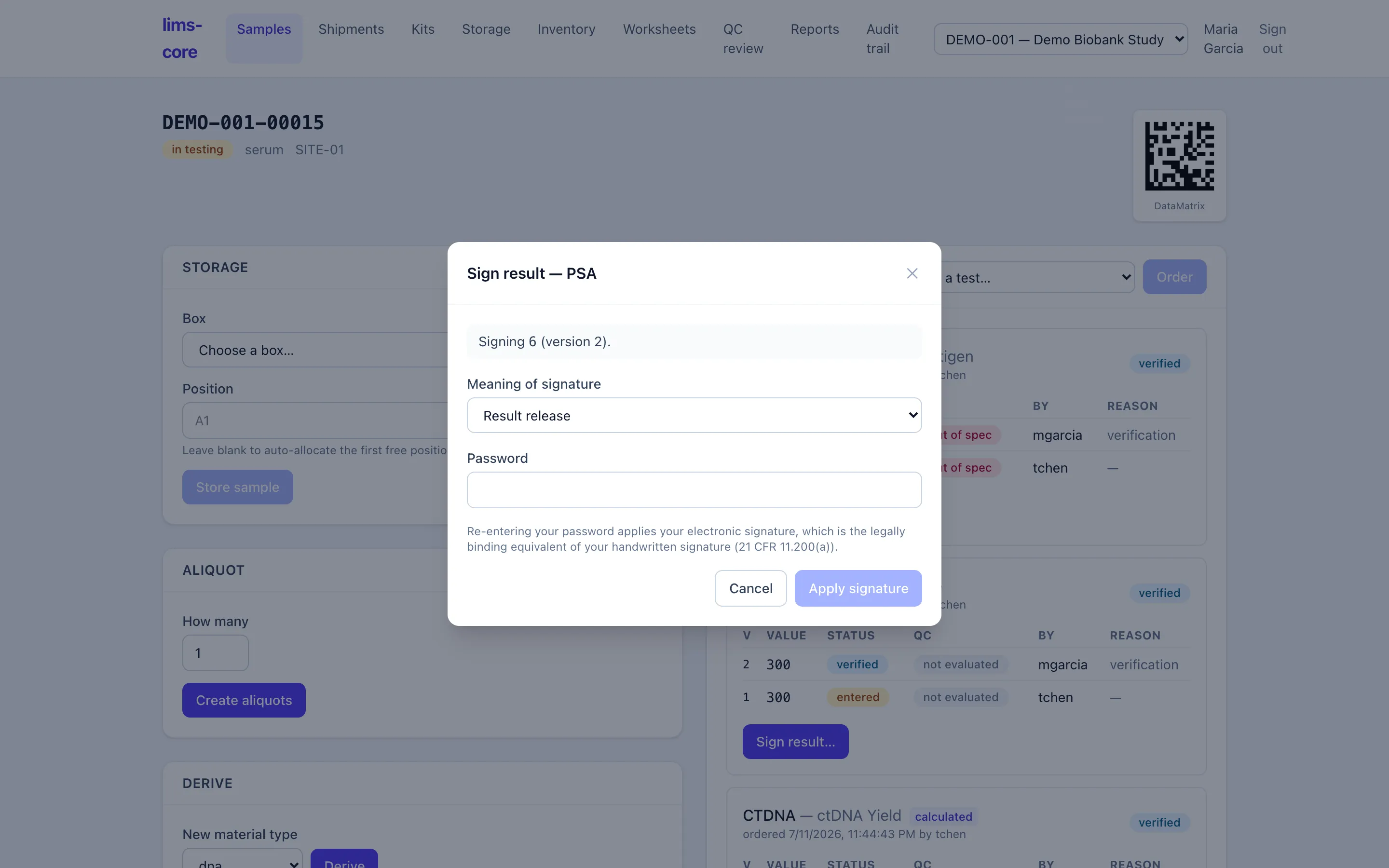 Signing a result with password step-up.