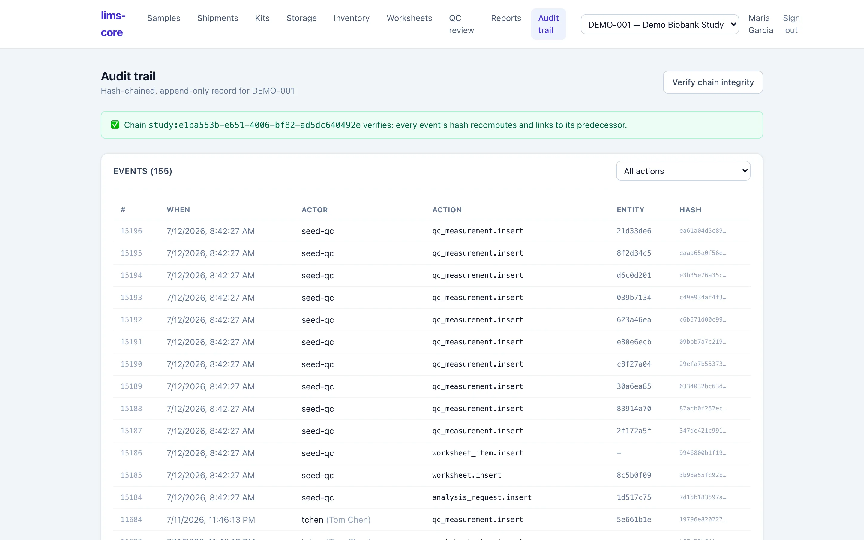 The hash-chained audit trail with an integrity check.