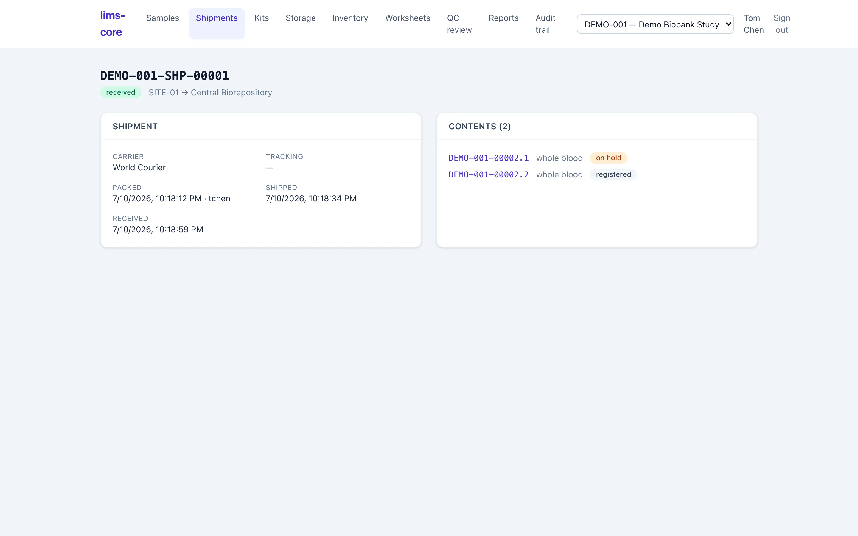A received shipment: carrier, the pack → ship → receive timeline, and its contents.