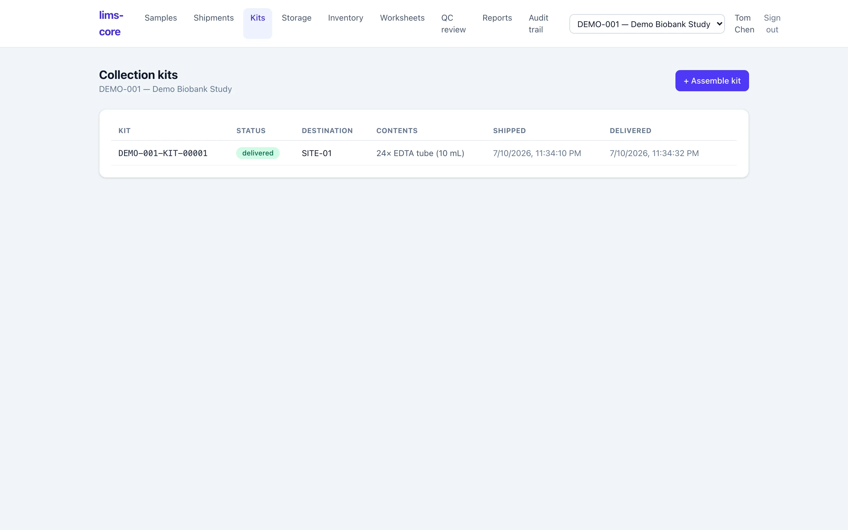 Collection kits: contents, destination, and delivery status.